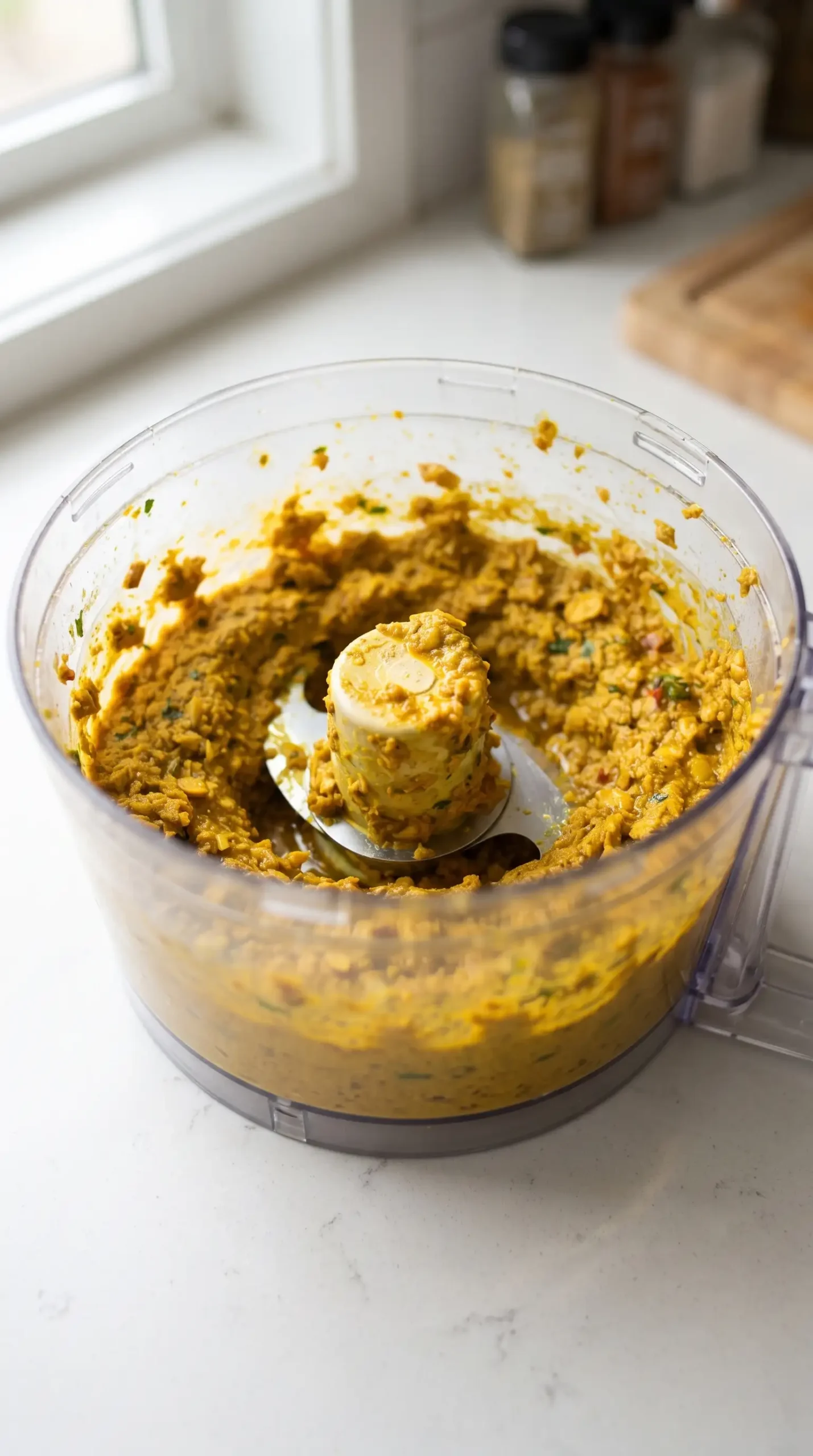 Golden Thai yellow curry paste blended with roasted aromatics in a food processor