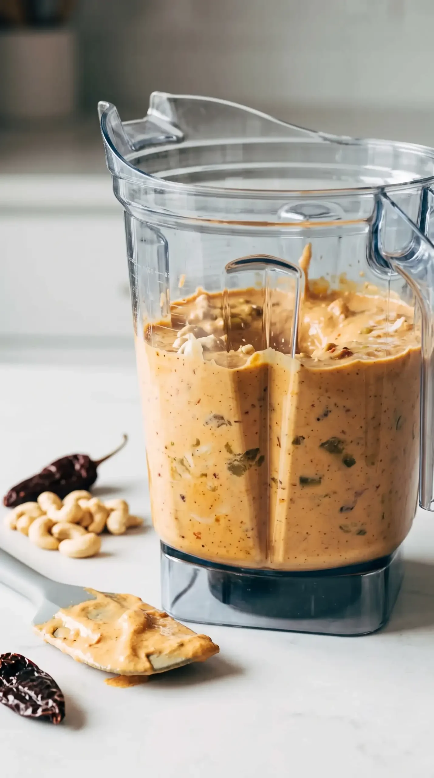 Blended cashew queso sauce being prepared in a high-speed blender
