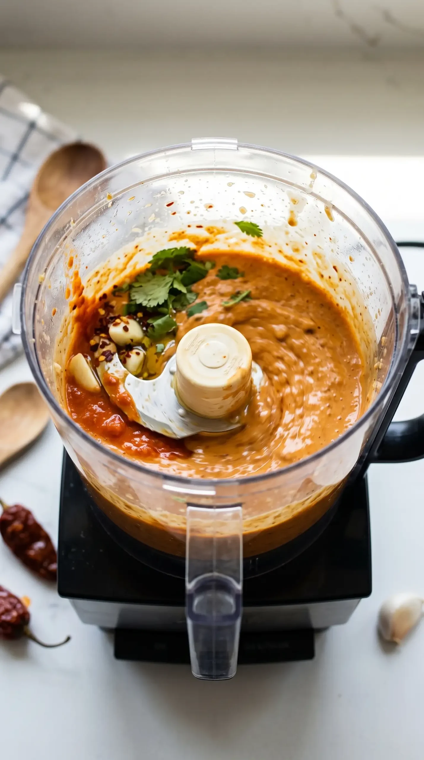 Blender combining tahini, orange juice, chipotles, garlic, and oil into sauce