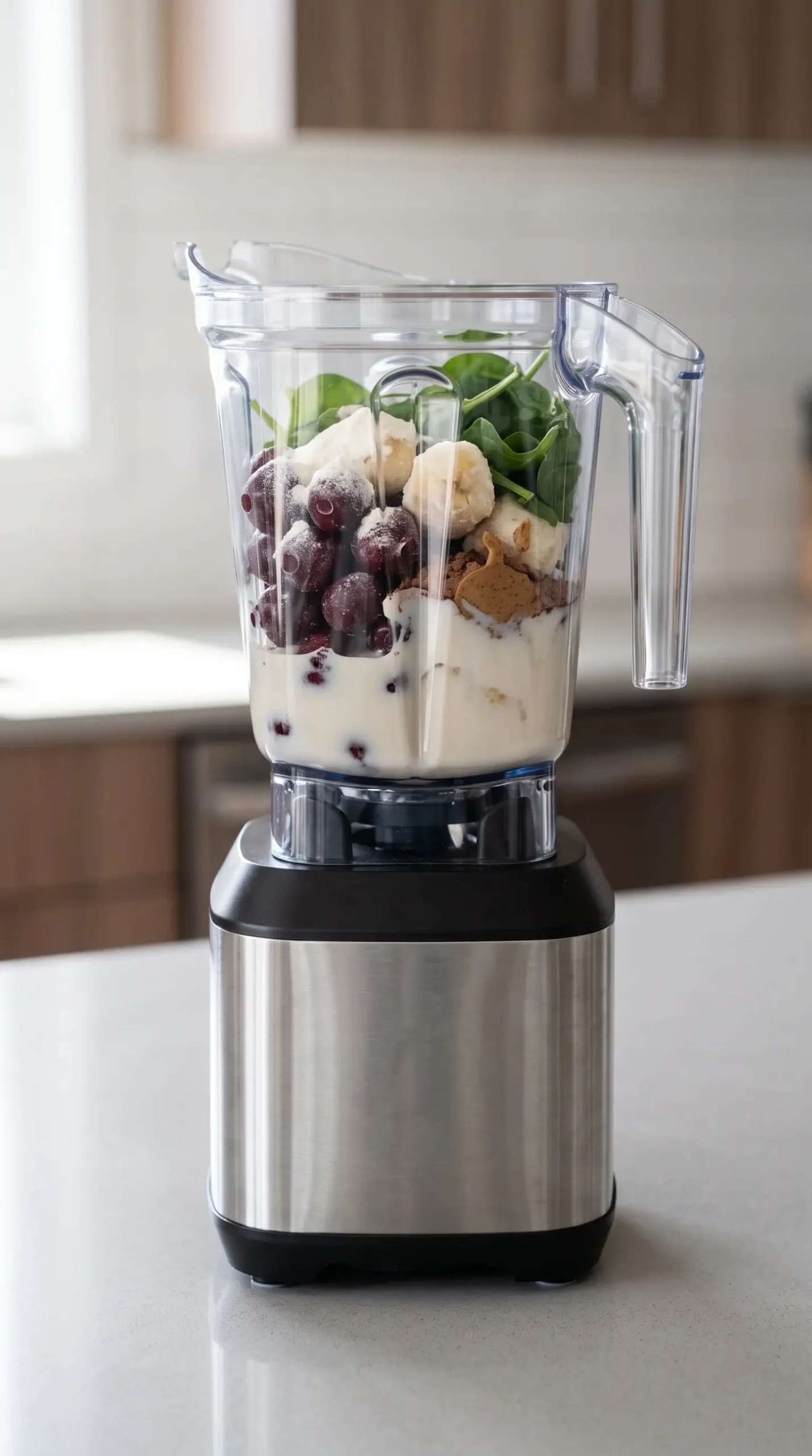 Blender jar filled with chocolate cherry smoothie ingredients before blending