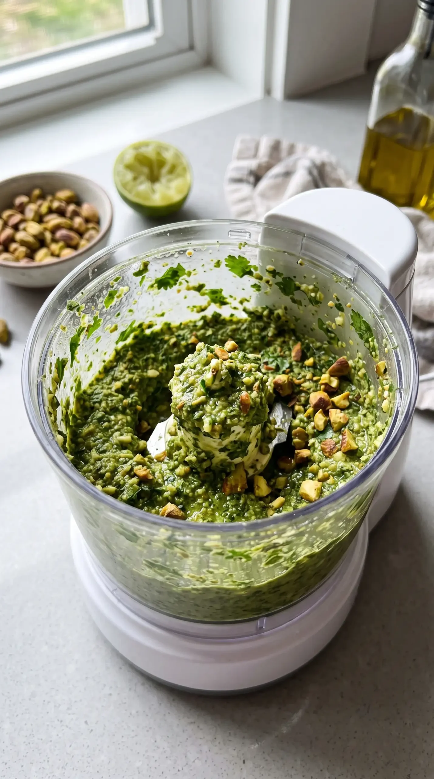 Cilantro pesto ingredients blending into a textured green sauce in a food processor