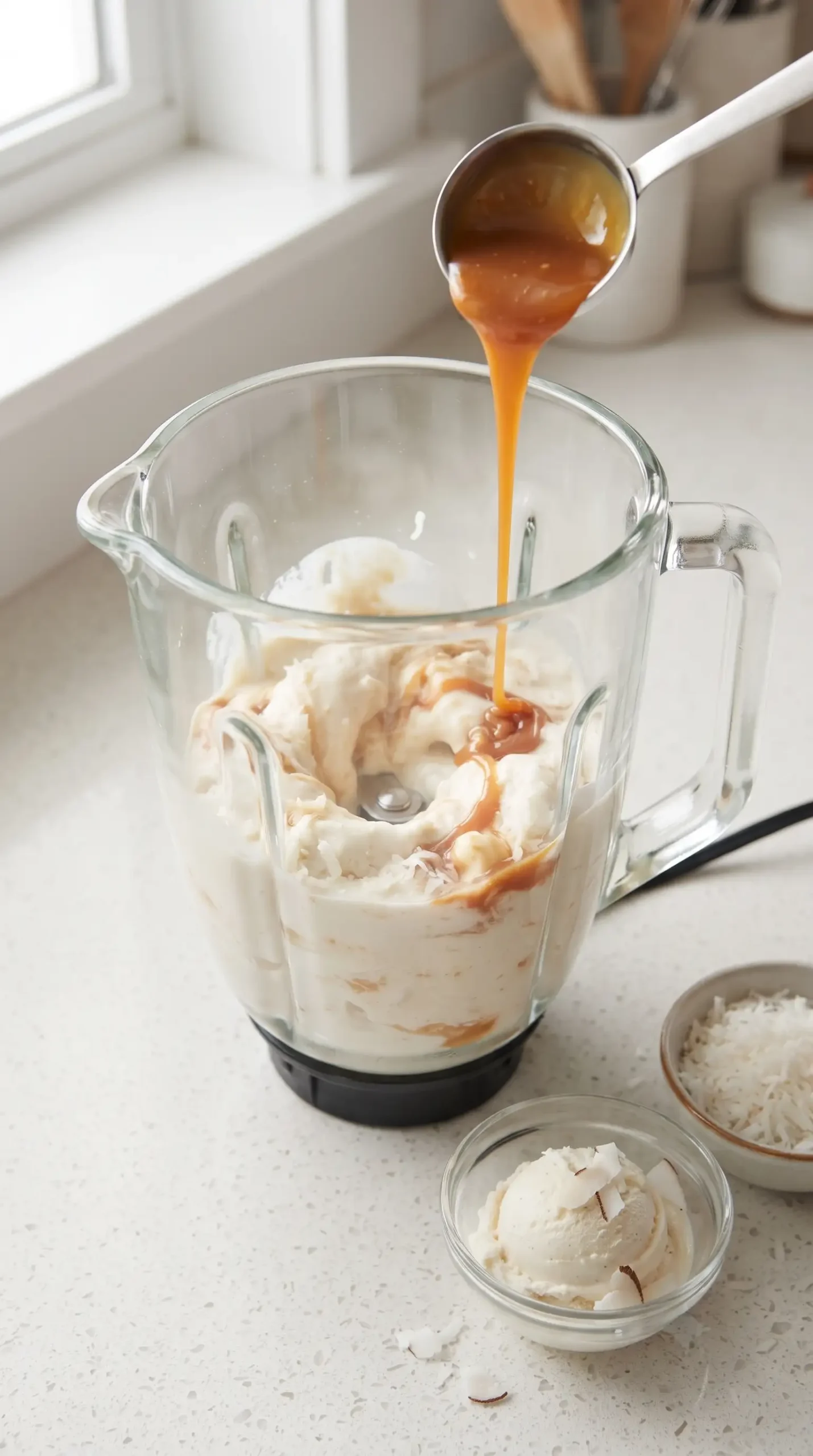 Blender jar combining vanilla ice cream, coconut milk, and shredded coconut for a malt