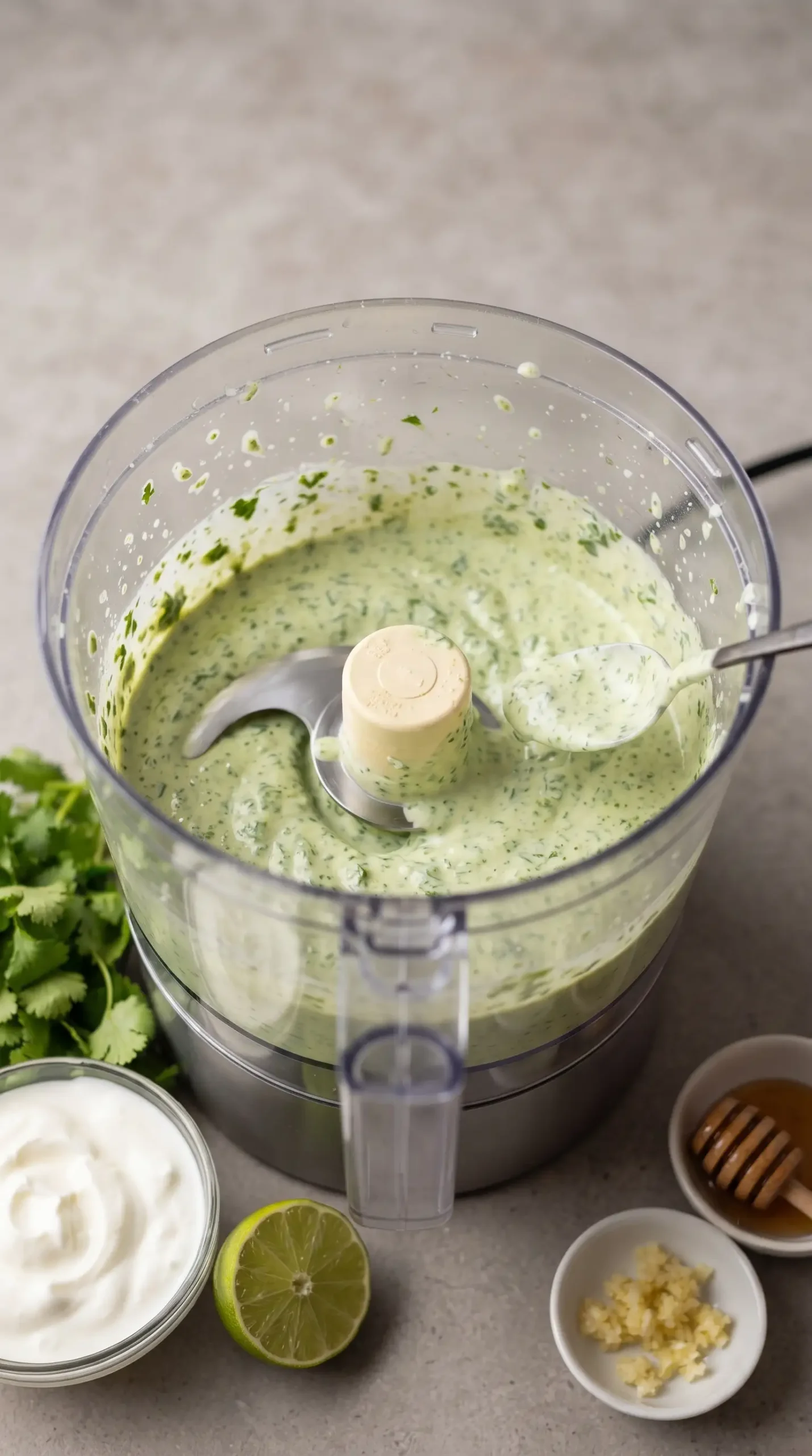 Food processor blending cilantro, yogurt, lime juice, and seasonings into dressing