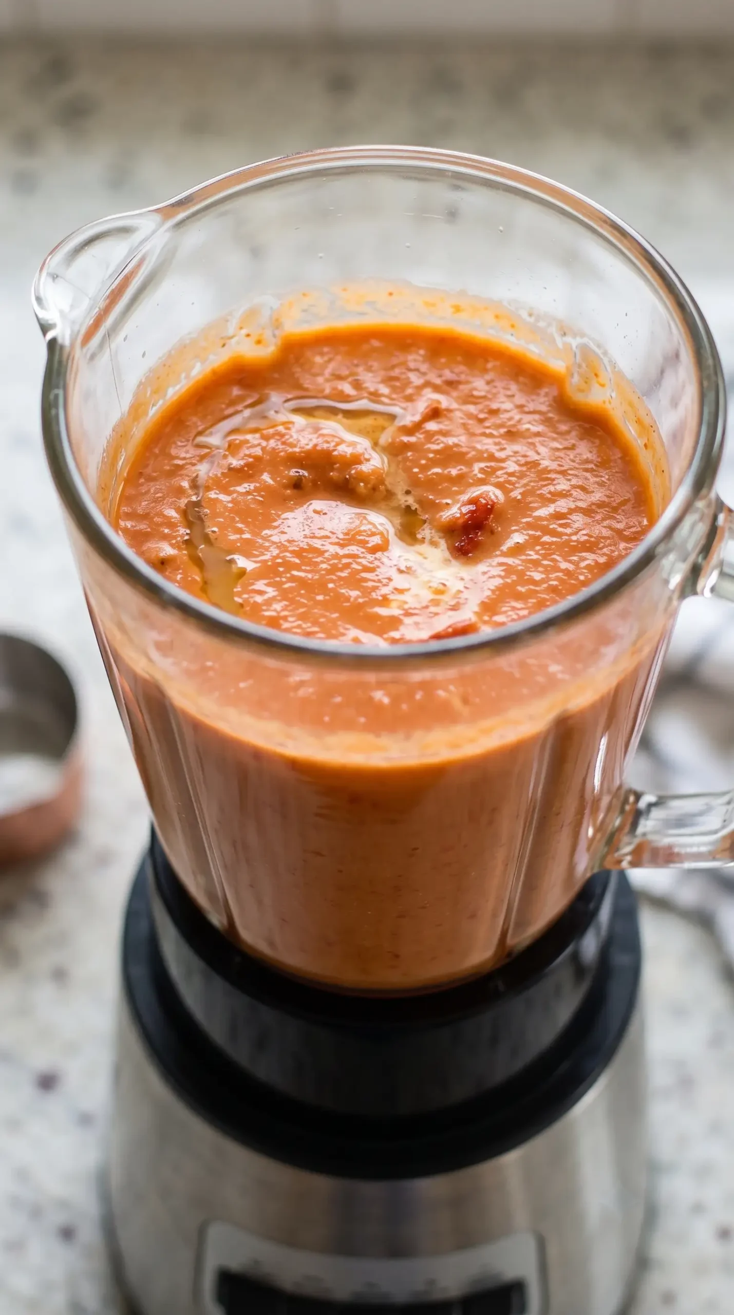 Blended roasted tomato mixture with cream creating a smooth soup texture