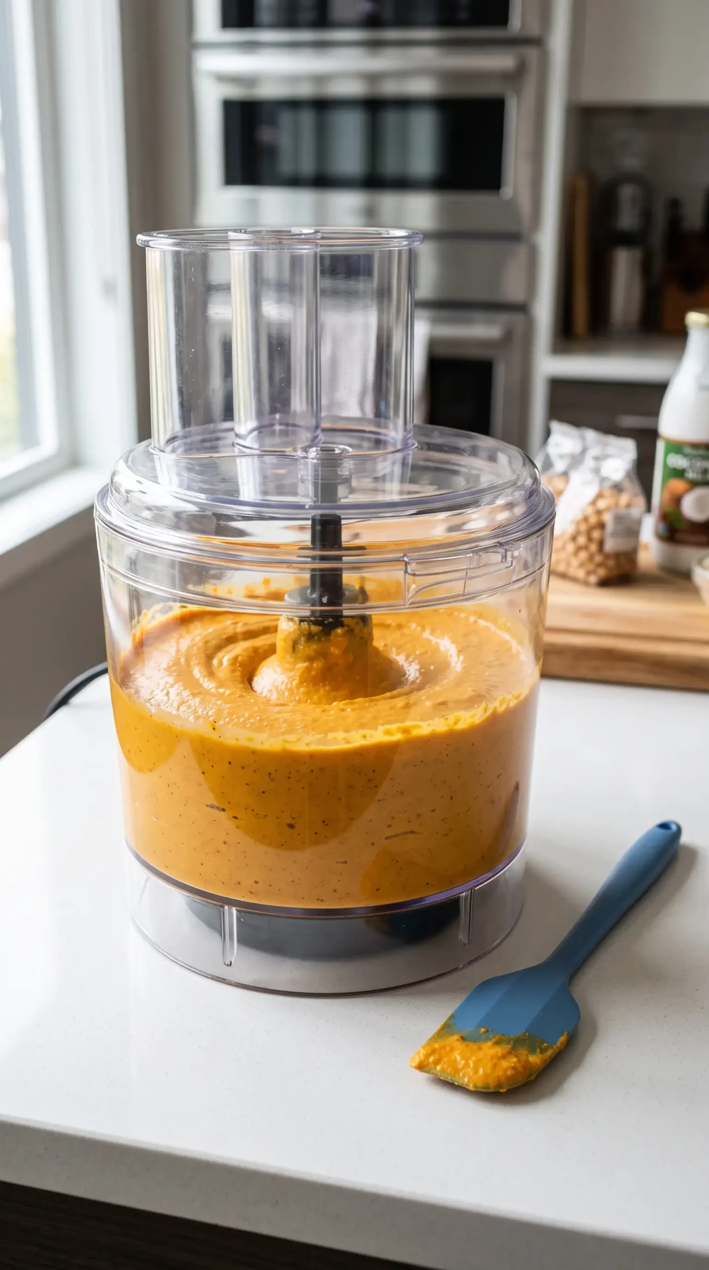 Food processor blending chickpeas and seasonings into smooth curry hummus