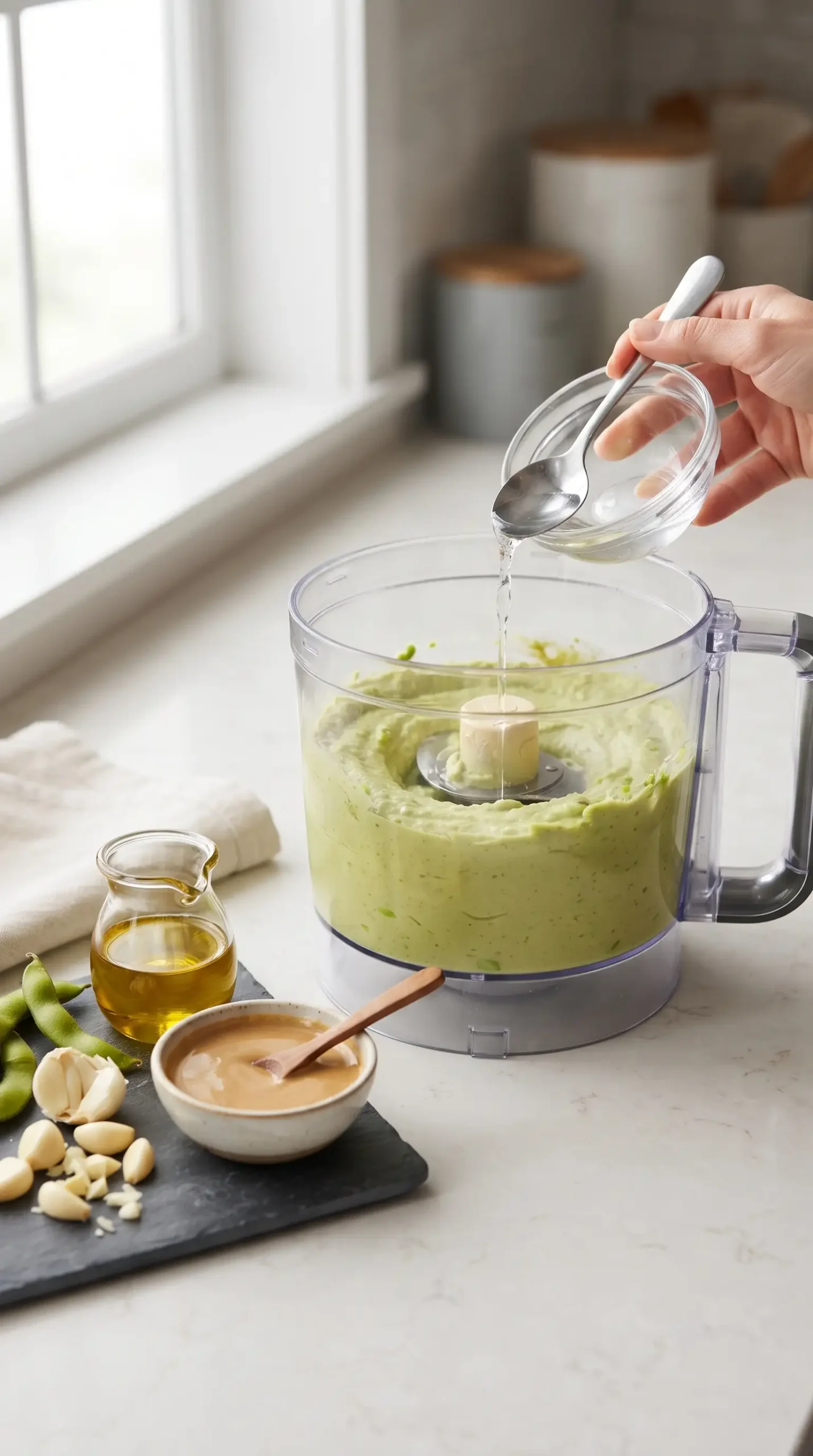 Cooked edamame blending with tahini, garlic, olive oil, and water into smooth green hummus