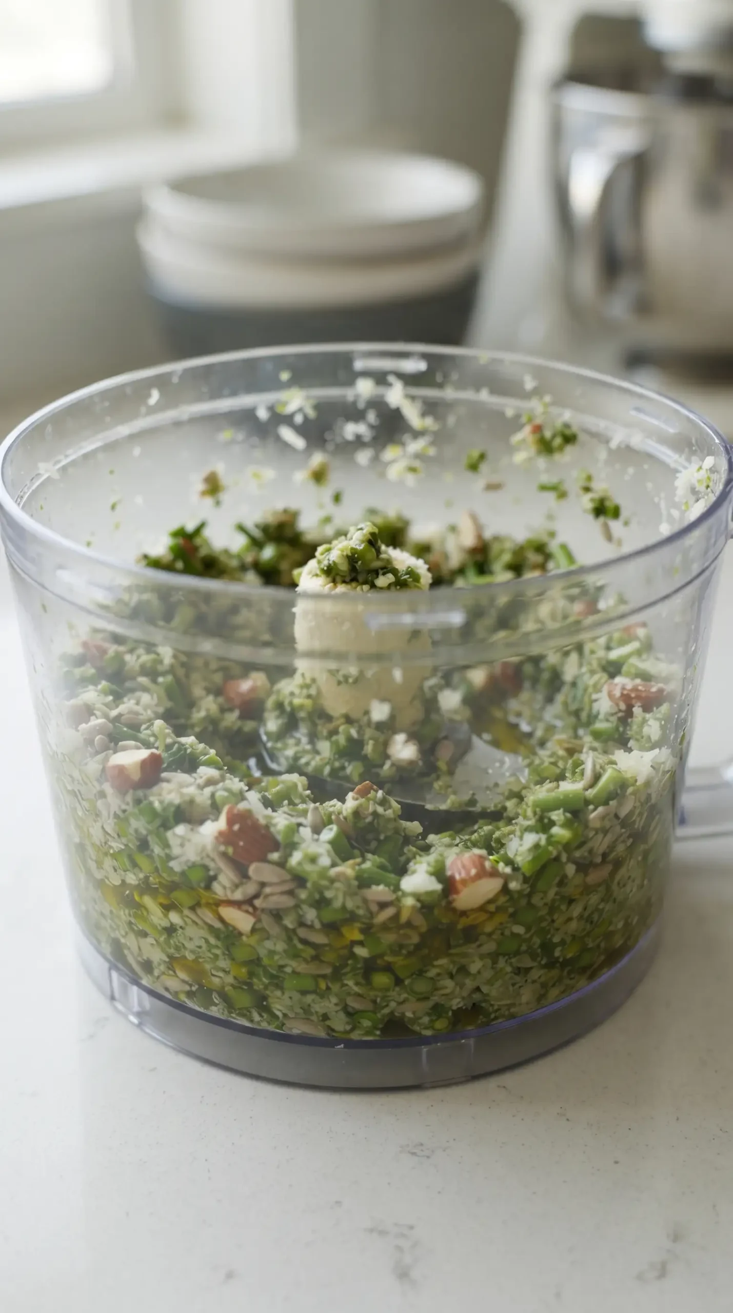 Food processor blending garlic scapes, almonds, seeds, Parmesan, and olive oil