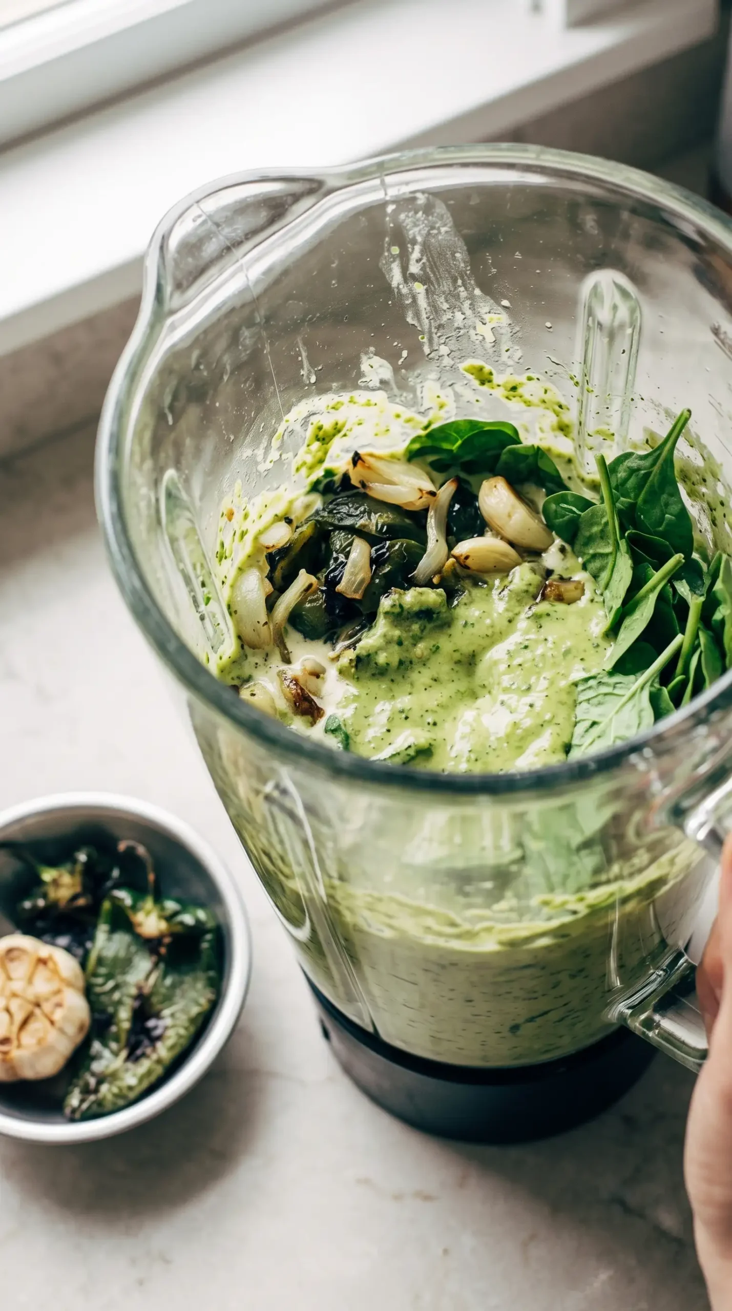 Blended poblano sauce with spinach and roasted vegetables in a blender