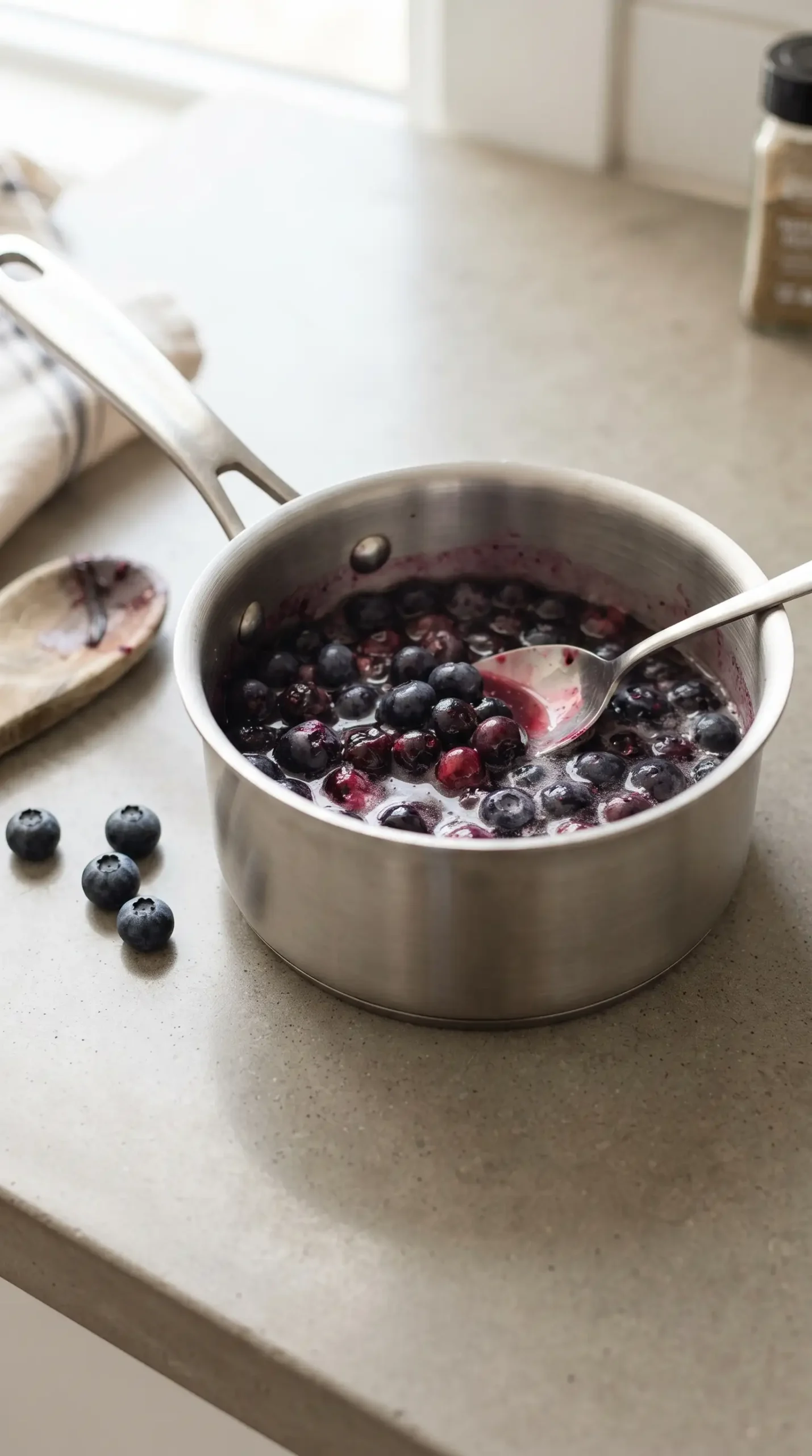 Blueberries cooking with sugar, water, and vanilla in a saucepan for blueberry sauce