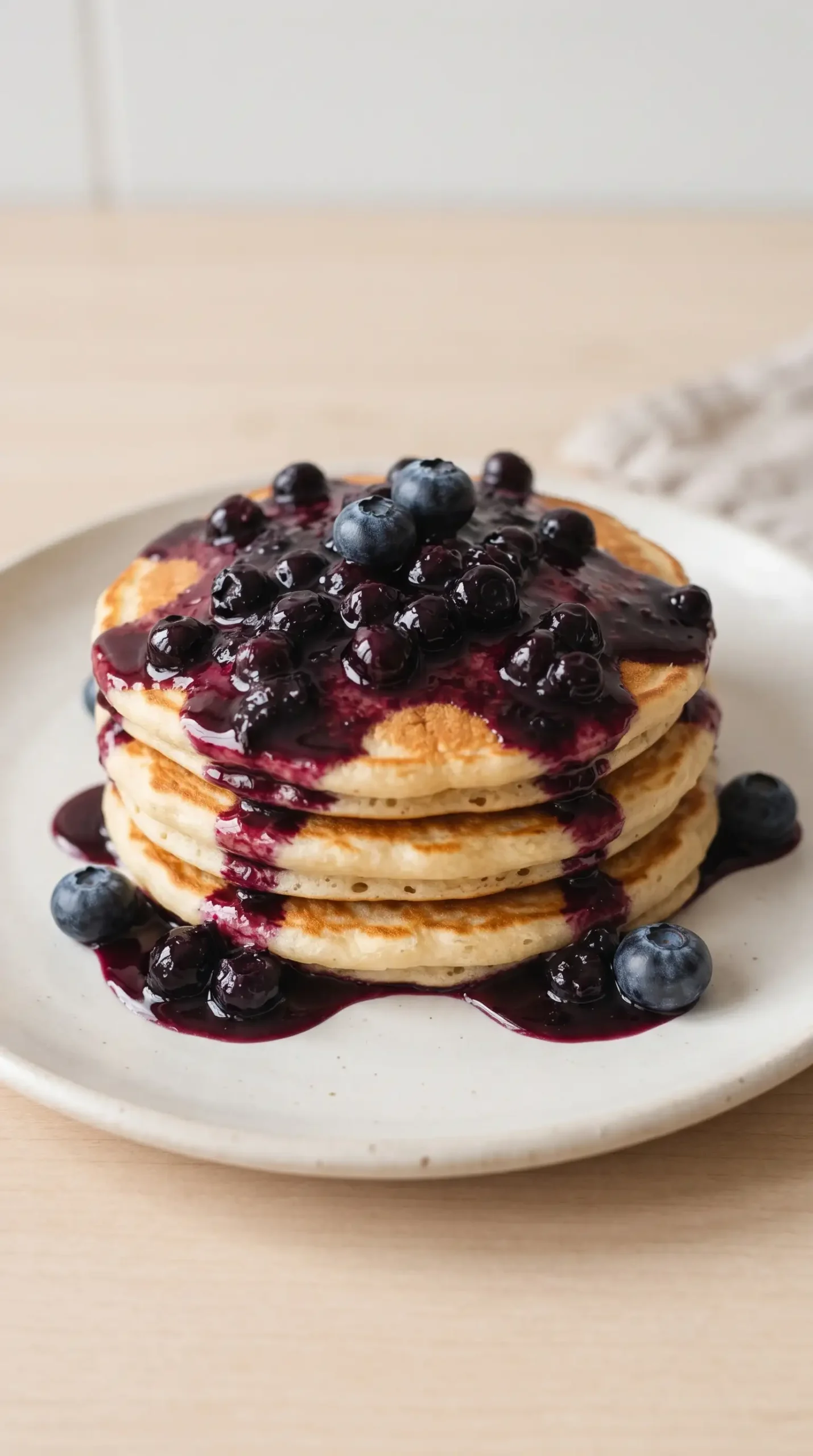 Blueberry sauce poured over warm pancakes with visible blueberry pieces