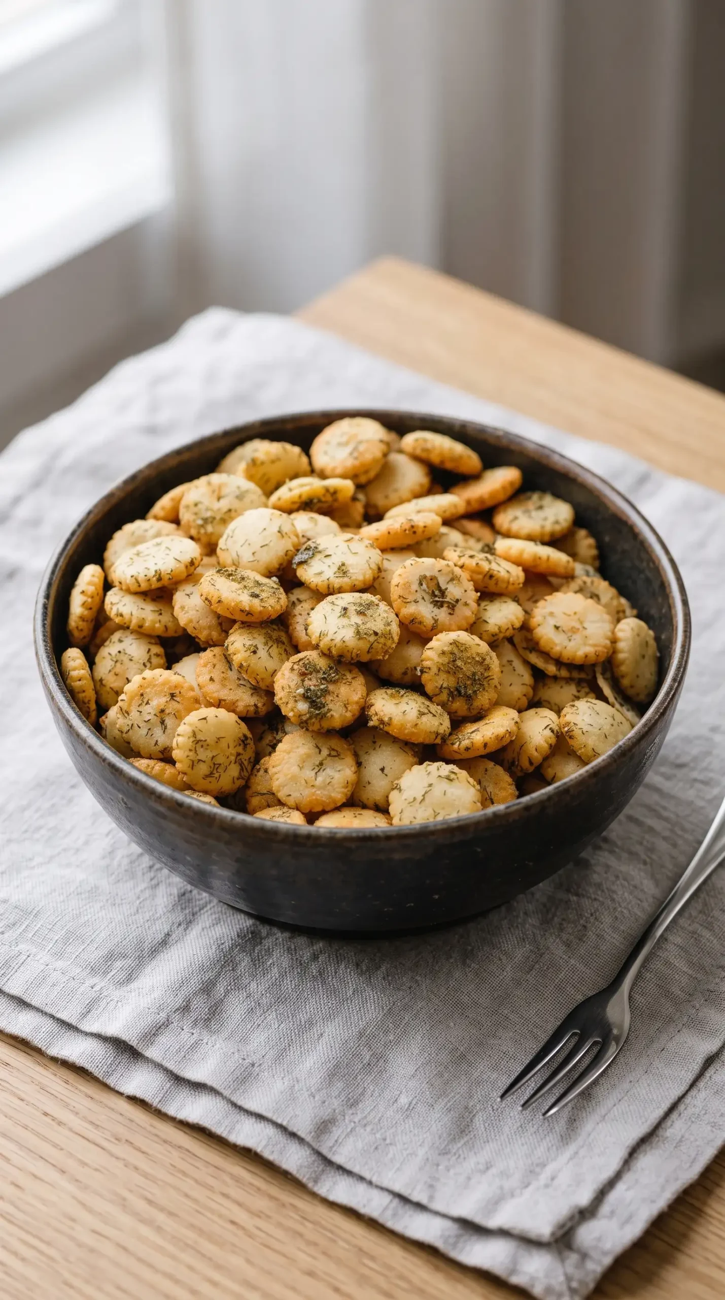 Bowl of finished ranch crackers with dill served as a crunchy party snack