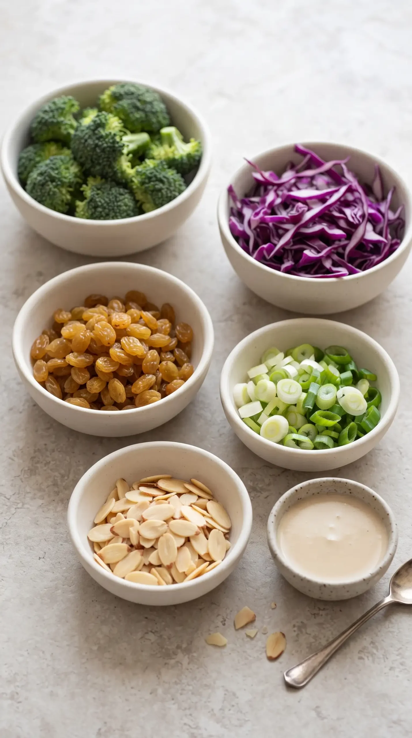 Broccoli salad ingredients with purple cabbage, golden raisins, almonds, and green onions arranged separately