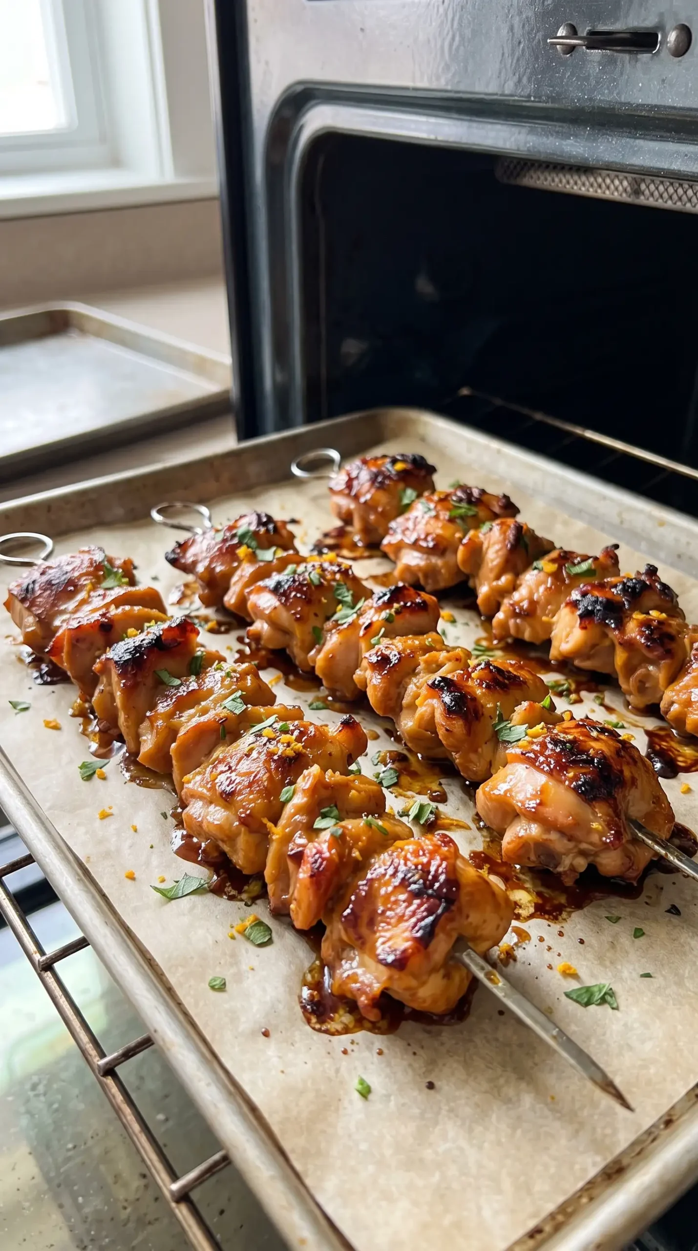 Broiled orange chicken skewers with golden caramelized edges on a baking sheet