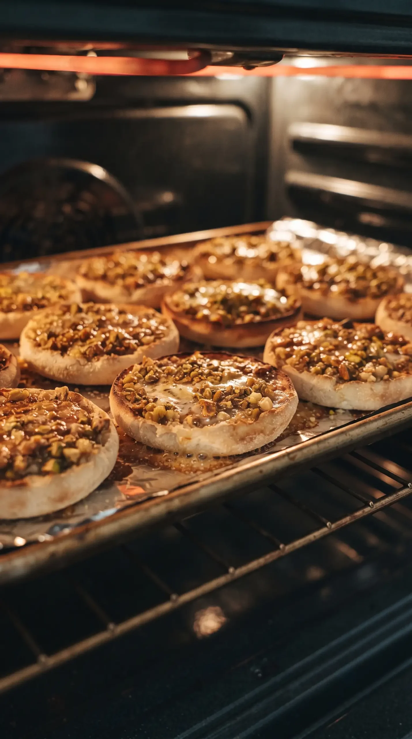 English muffin halves with walnut pistachio topping under the broiler