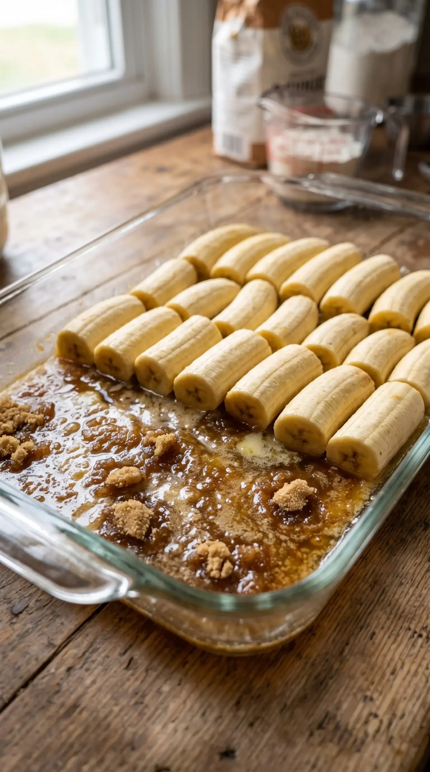 Banana halves arranged over brown sugar and butter mixture before baking