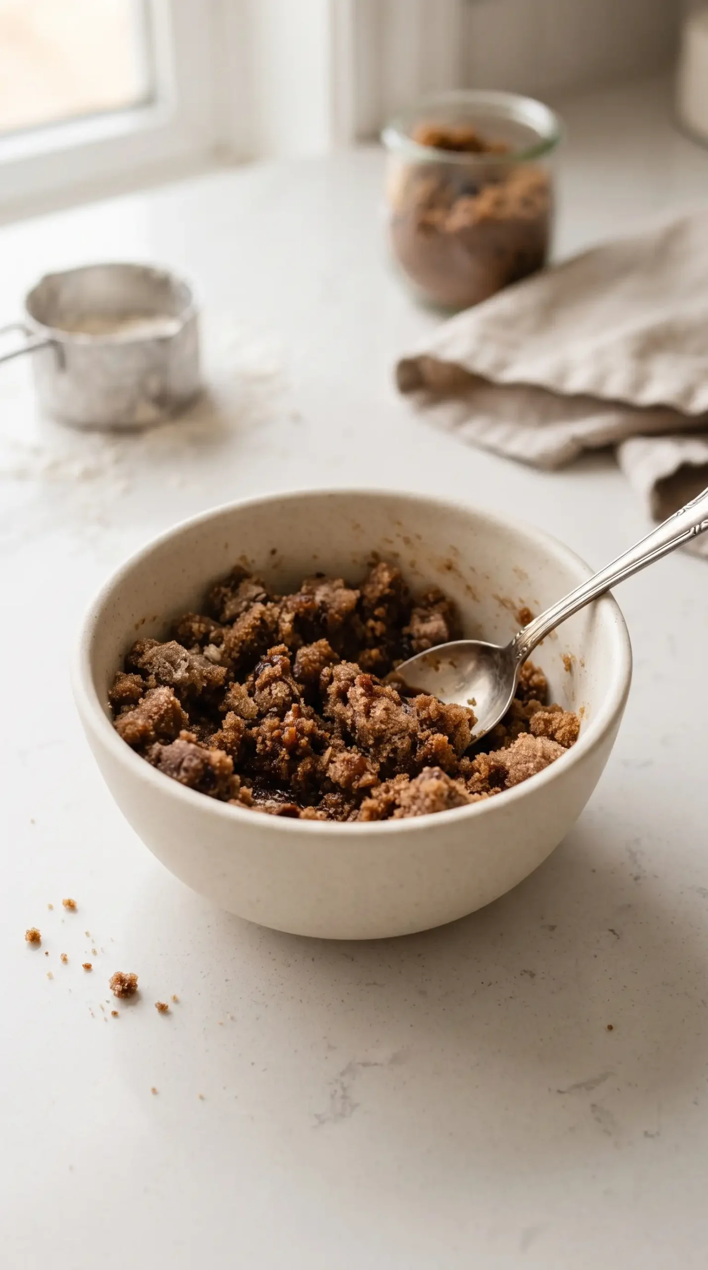Brown sugar coffee streusel mixture prepared in a bowl for Bundt cake