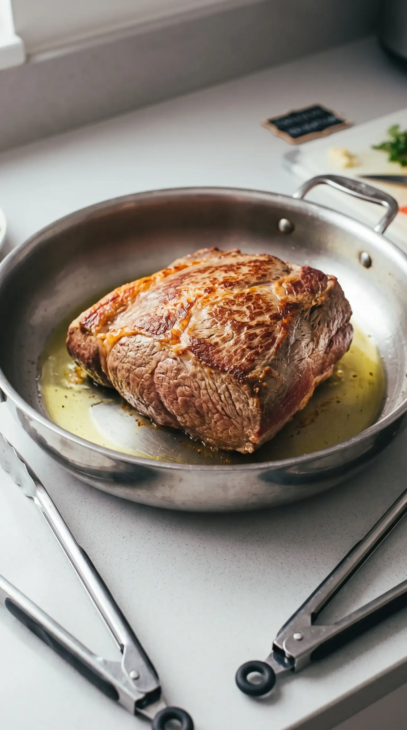 Beef roast browning in a pan before slow cooking for ragu