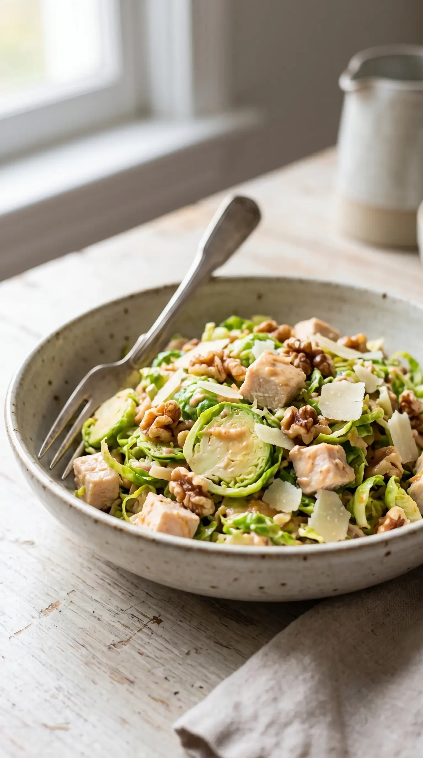 Brussels sprout salad with sliced sprouts, chicken, walnuts, Parmesan, and creamy dressing
