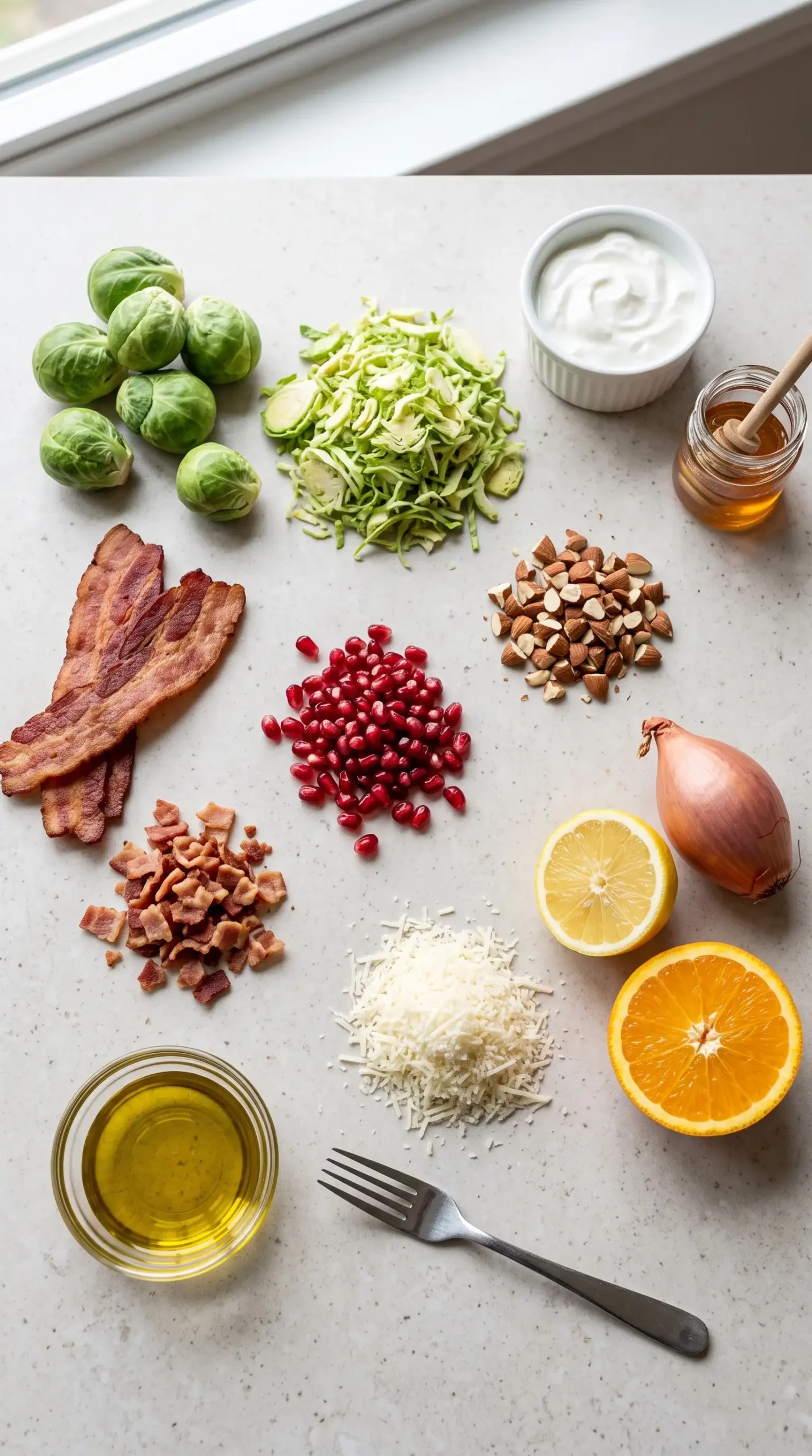 Ingredients for Brussels sprout salad with shredded sprouts, bacon, pomegranate, almonds, cheese, and dressing components