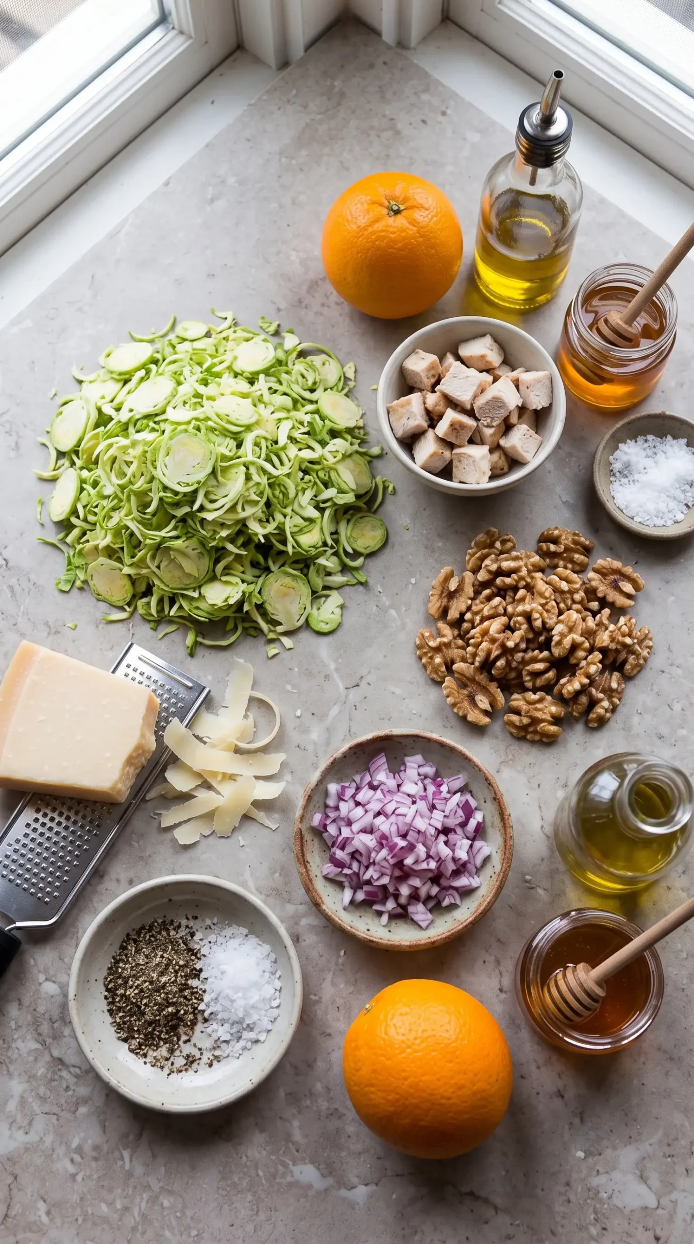 Ingredients for Brussels sprout salad with sliced sprouts, chicken, walnuts, Parmesan, and orange