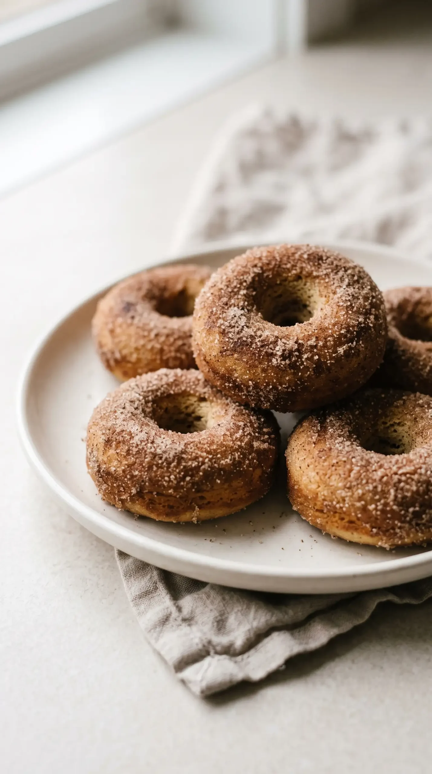 Baked cinnamon sugar mini donuts on a ceramic plate showing a tender cake-style crumb