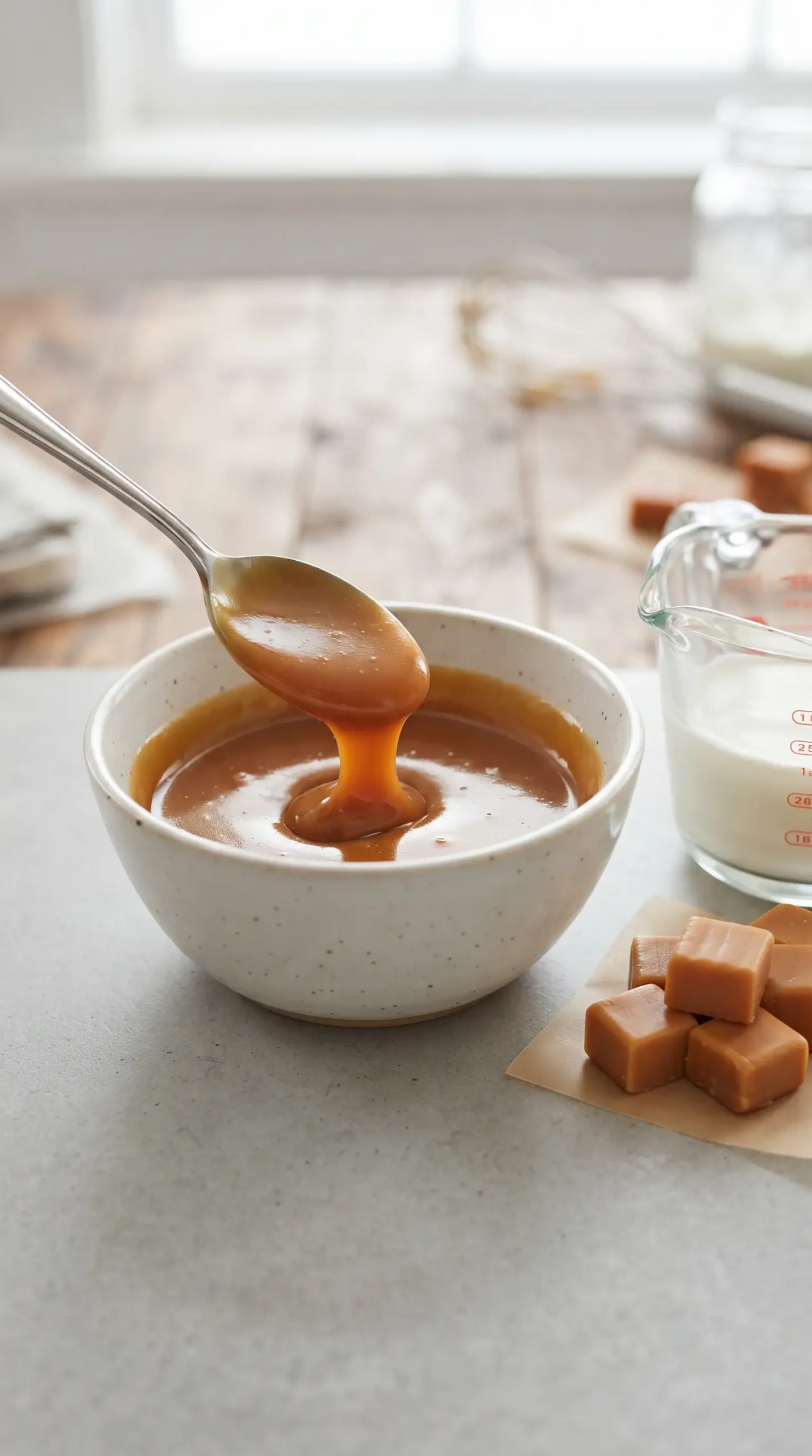 Melted caramel pieces mixed with cream in a bowl for cookie filling