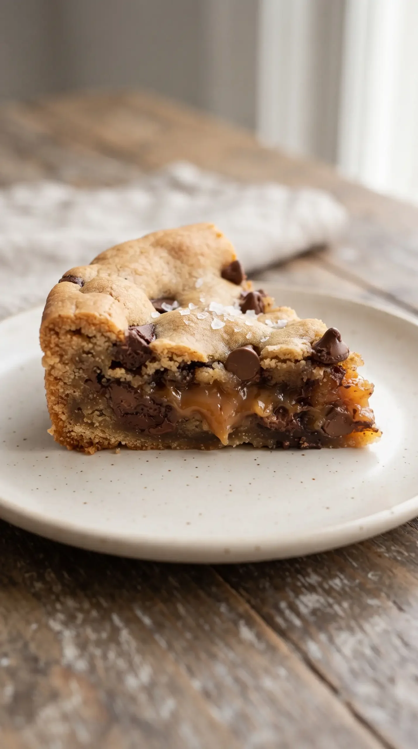 Slice of deep dish chocolate chip cookie with caramel, chocolate, and sea salt