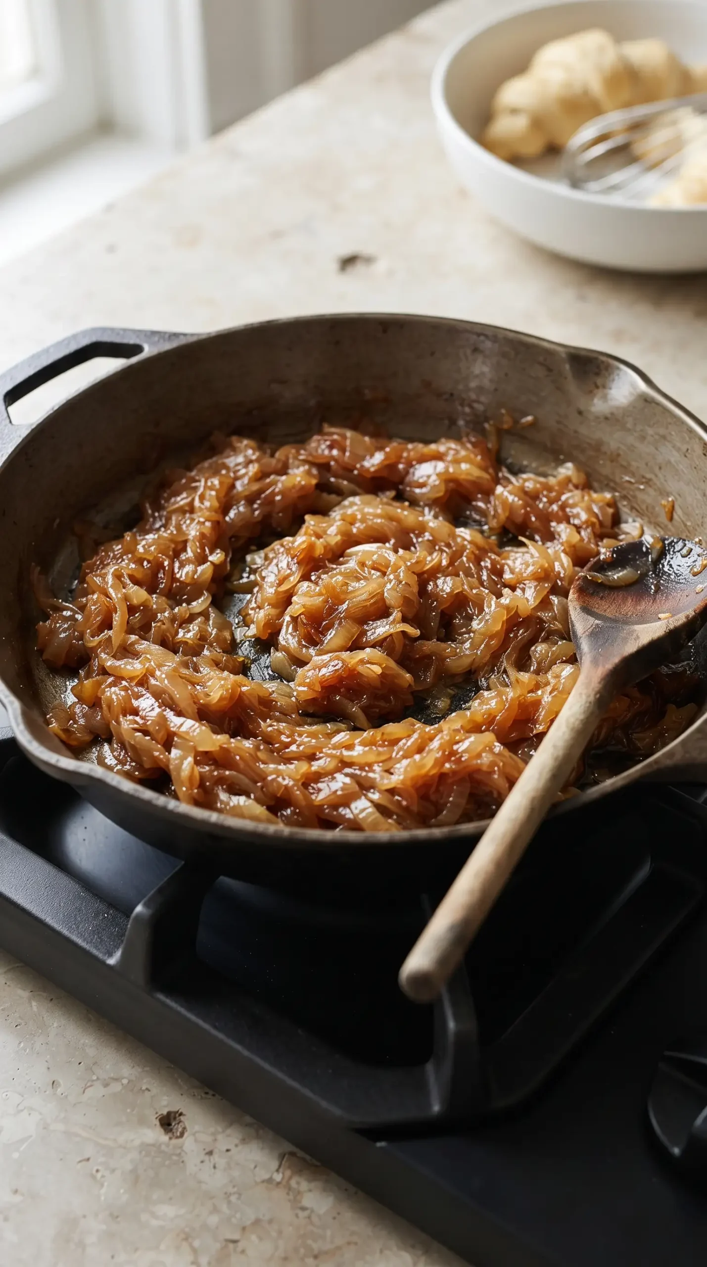 Deeply golden caramelized onions cooking in a skillet until soft and jammy