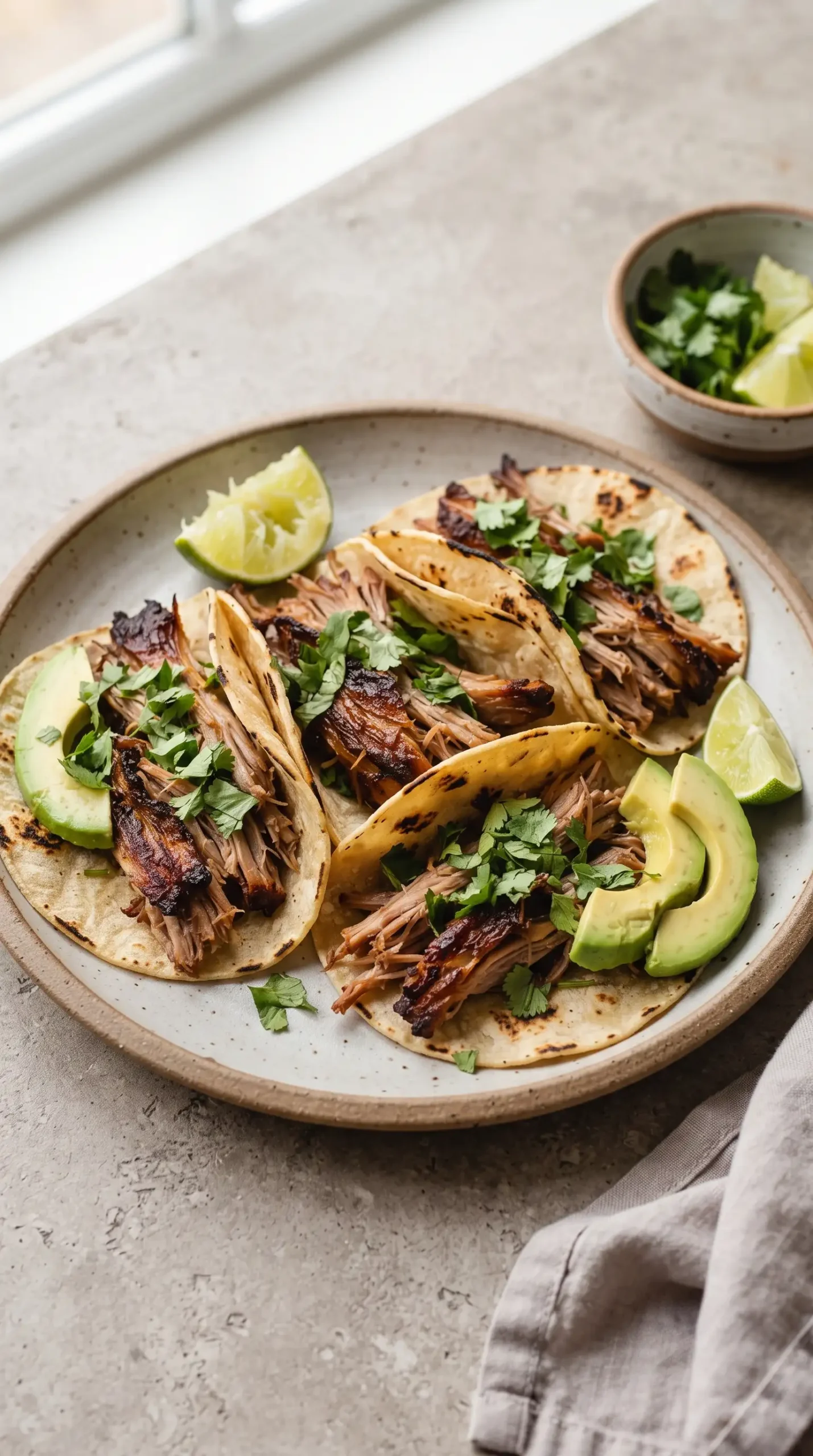 Crockpot carnitas tacos filled with shredded pork, browned edges, cilantro, avocado, and lime