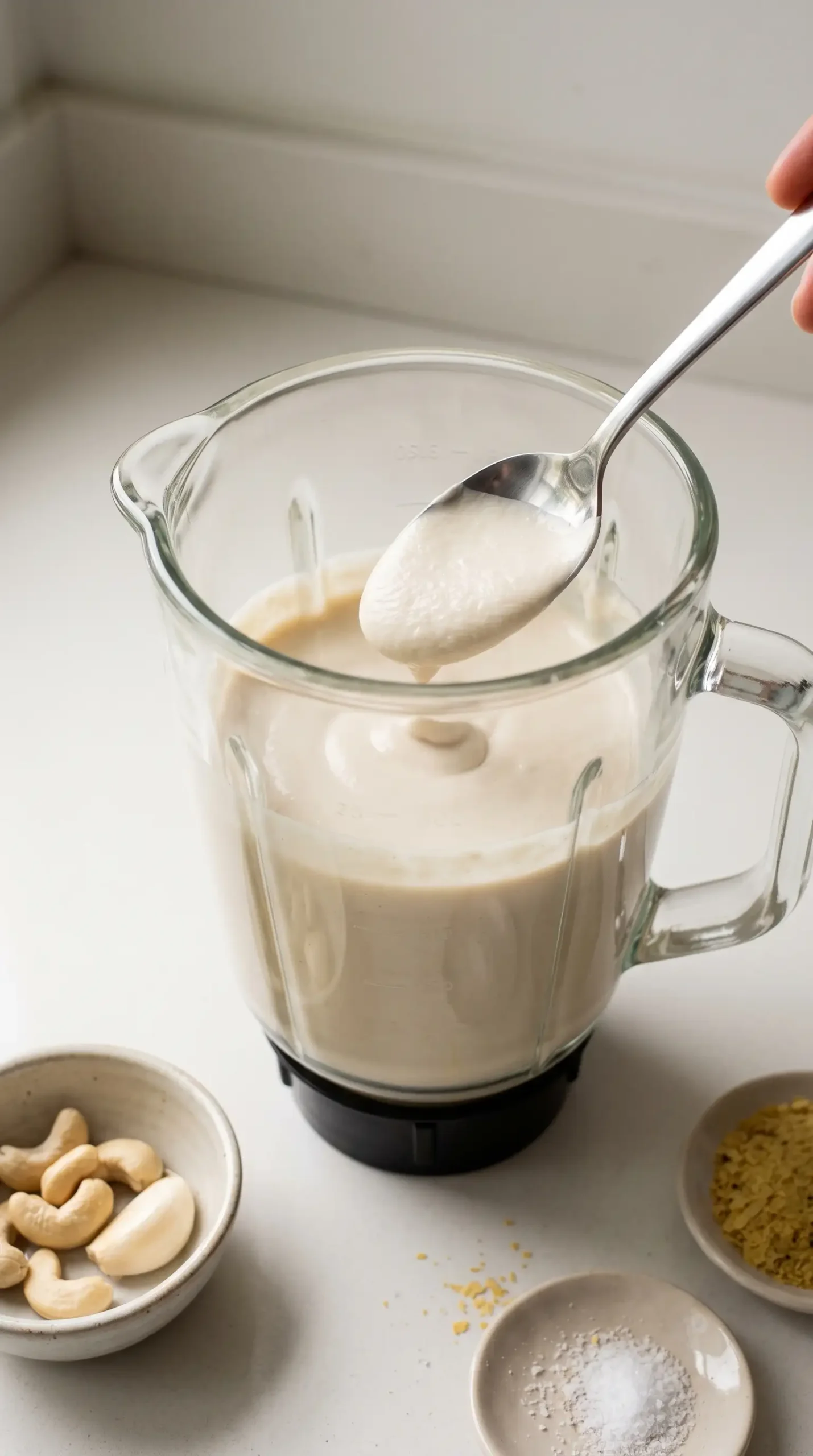 Blended cashew cream in a blender prepared for creamy tomato shells pasta