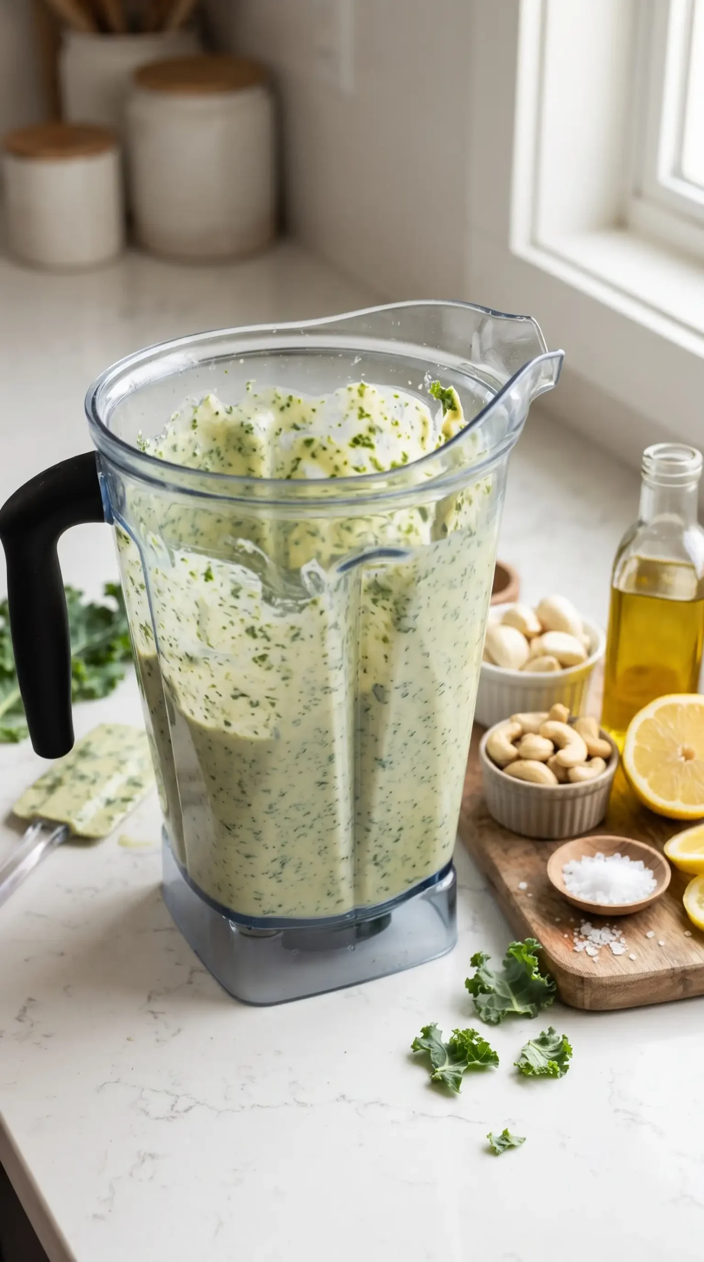 Blended cashew garlic sauce for creamy kale pasta in a blender jar