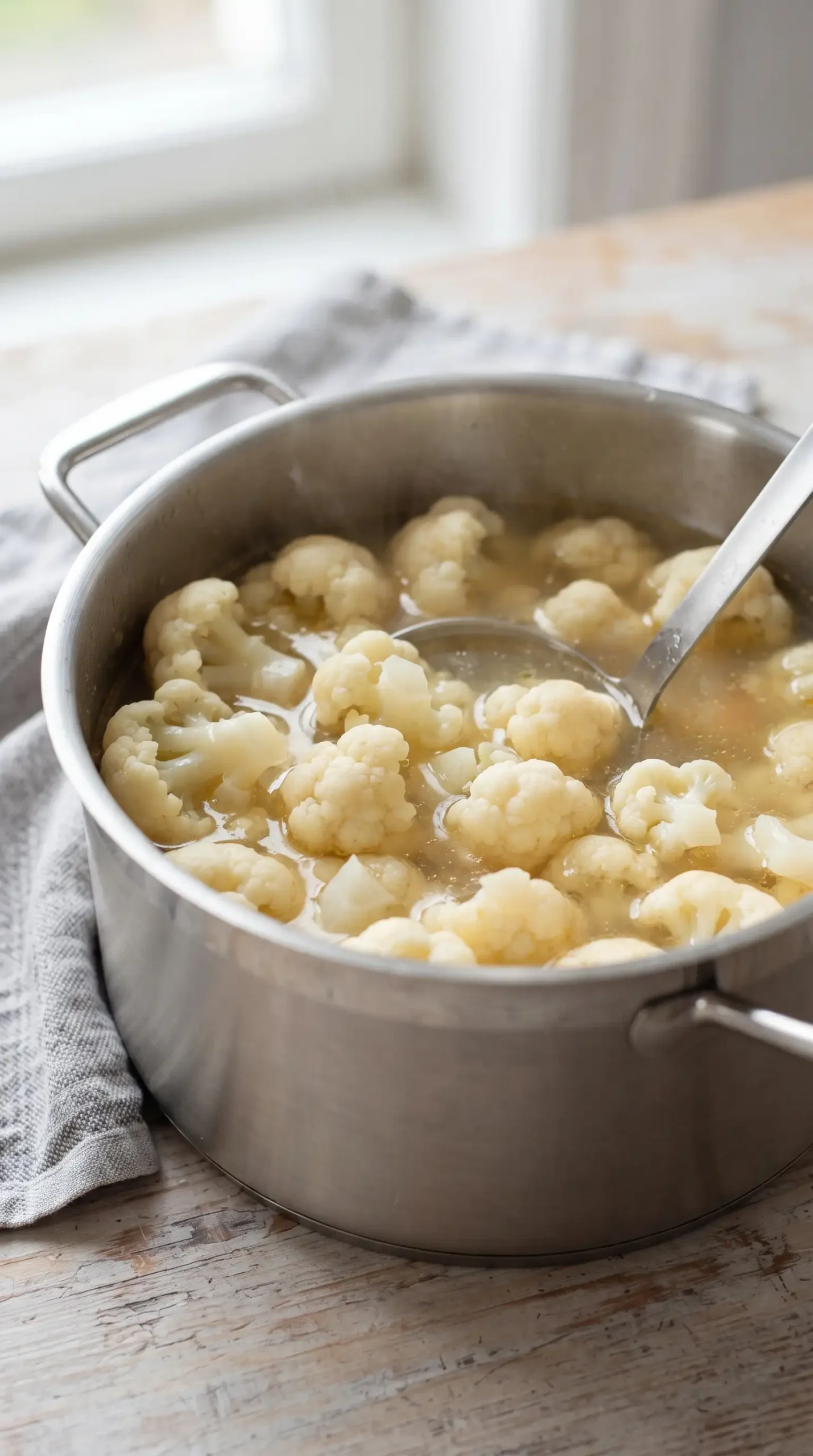 Tender cauliflower florets cooking in broth before being blended into creamy cauliflower sauce