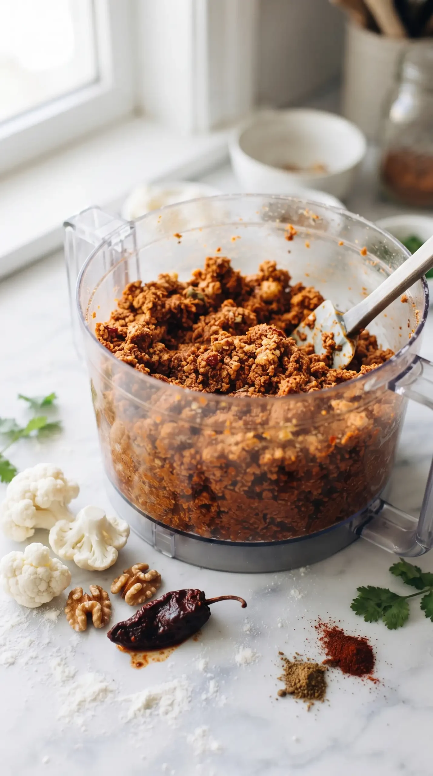 Cauliflower walnut taco meat mixture with chipotle and spices prepared in a food processor