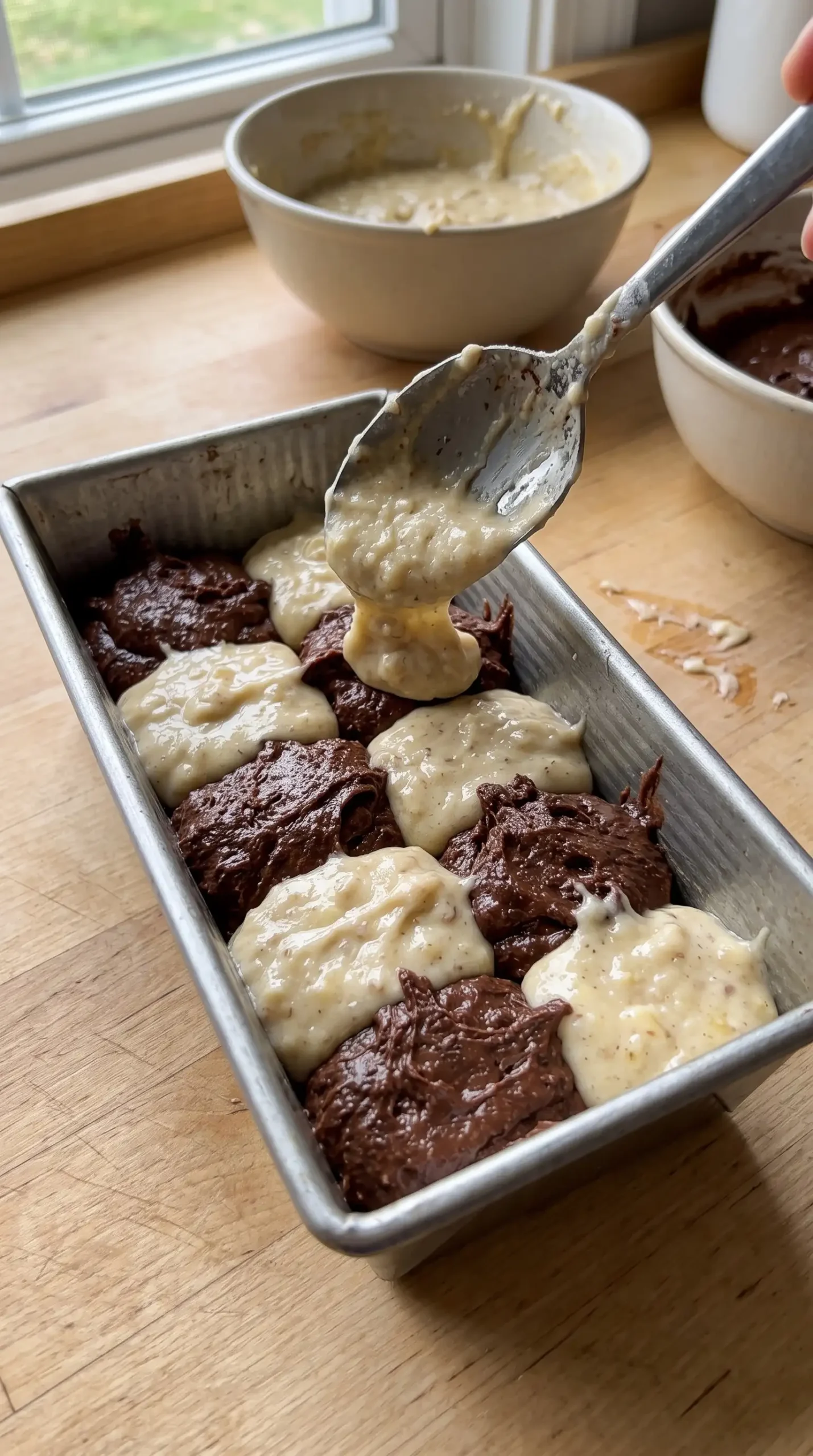 Chocolate banana bread batter layered with pale banana and cocoa sections in a loaf pan