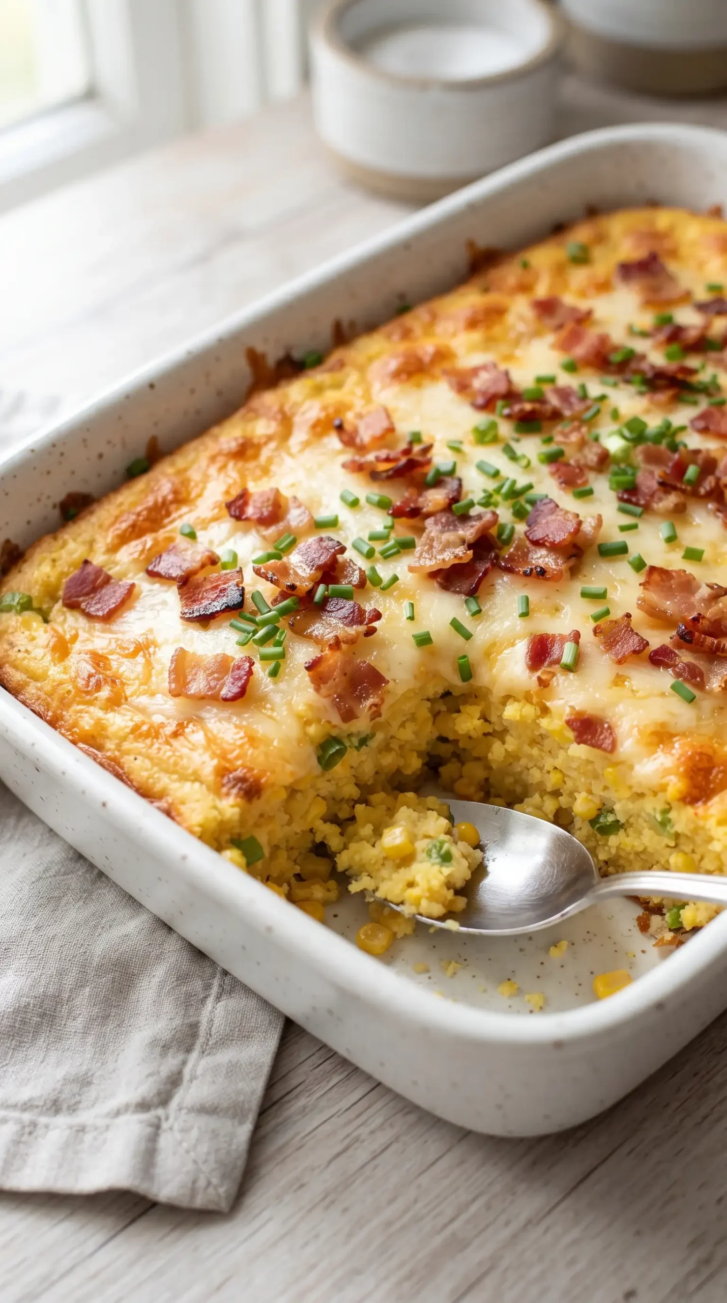 Baked corn casserole topped with melted cheddar, bacon pieces, and chopped chives