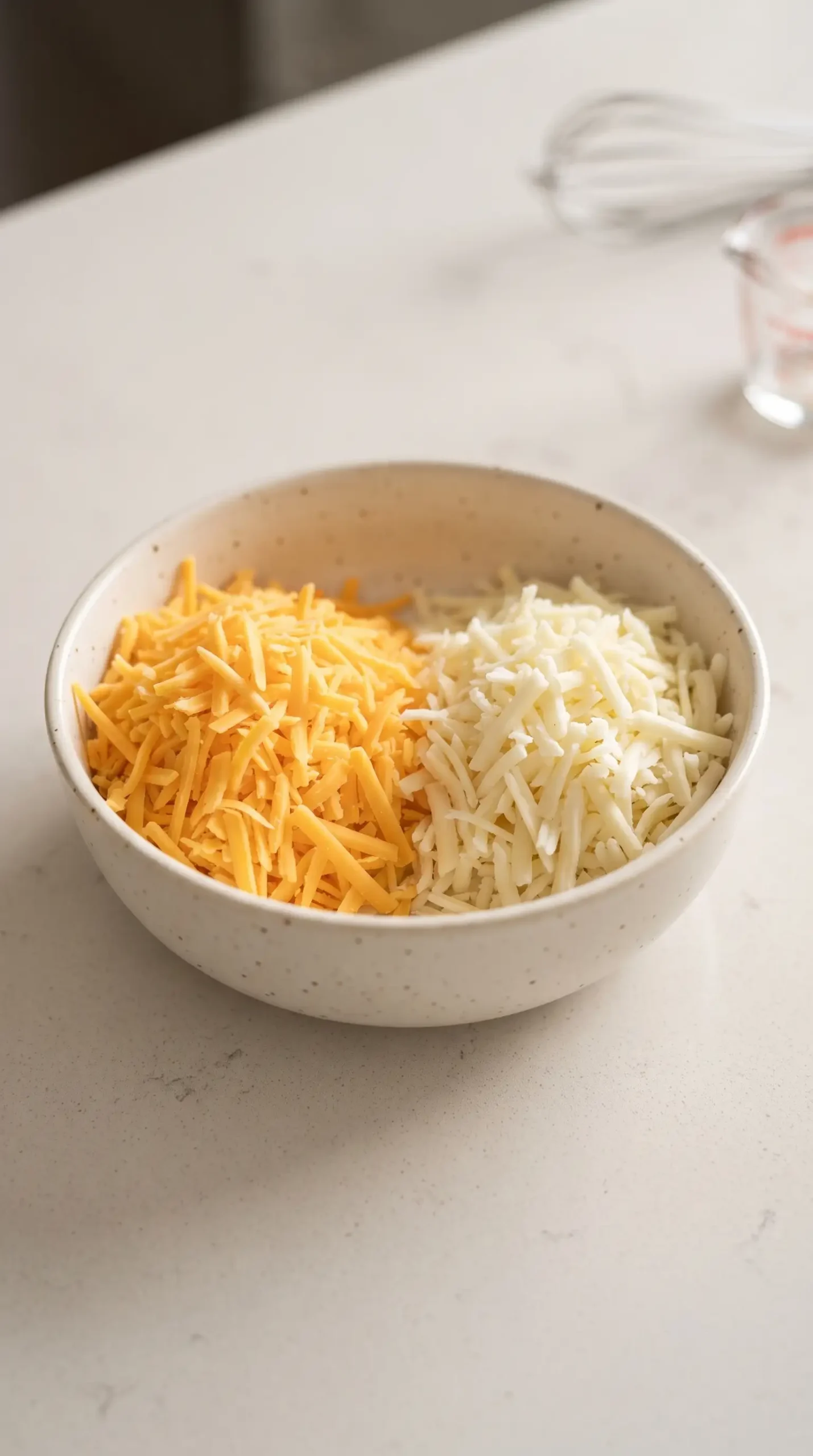 Shredded Cheddar and Monterey Jack cheese prepared for a creamy noodle sauce