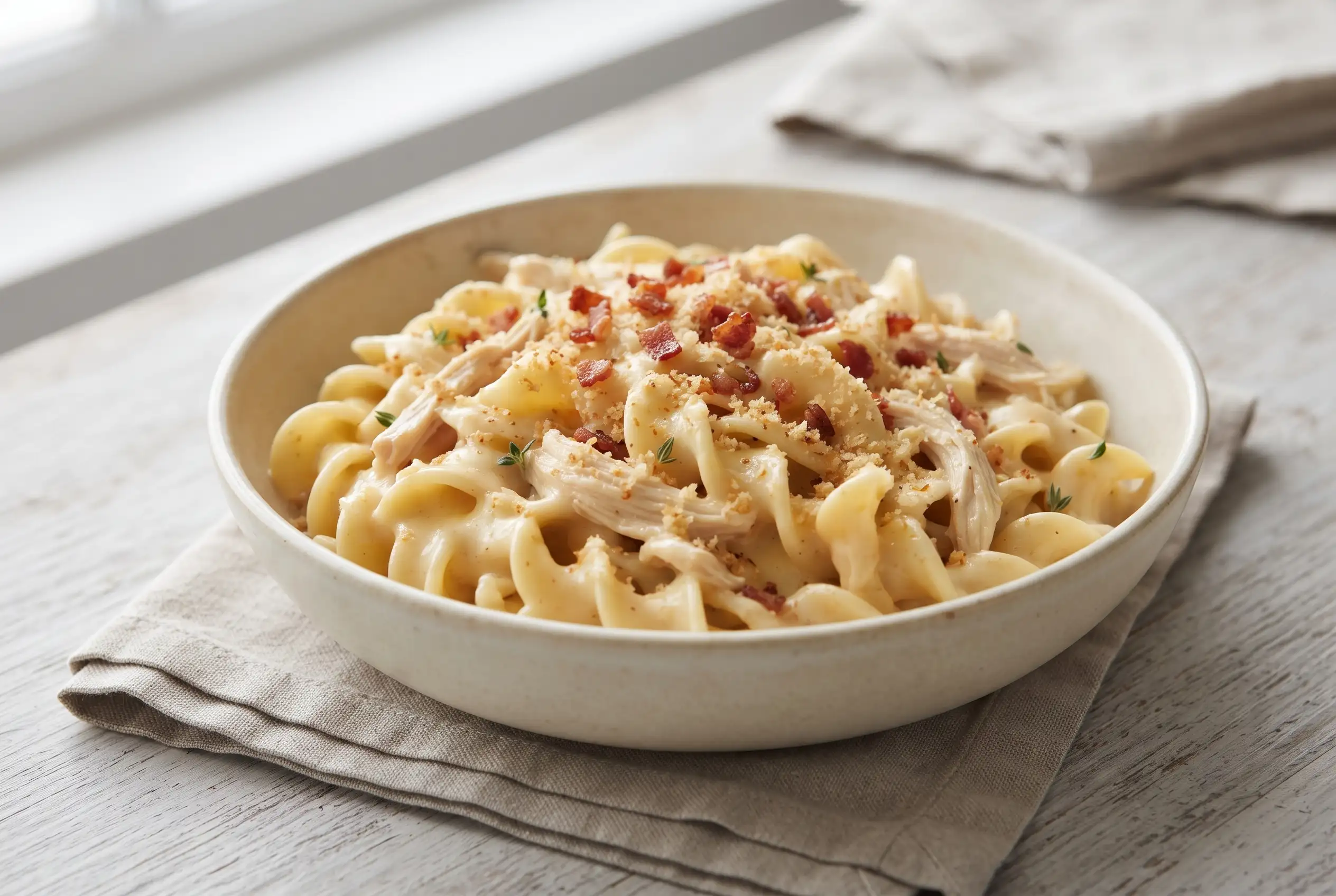 Cheesy Chicken Noodles Skillet Cheesy chicken noodles with creamy cheese sauce, shredded chicken, egg noodles, bacon, and breadcrumbs