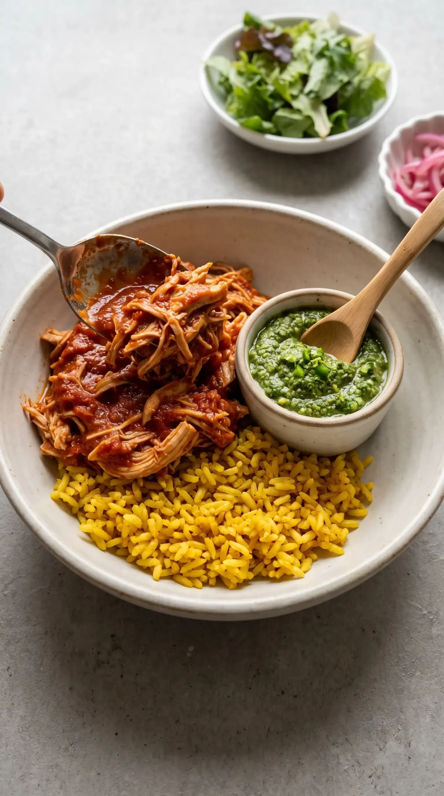 Layered chicken bowl assembly with yellow rice, saucy shredded chicken, cilantro pesto, and fresh toppings