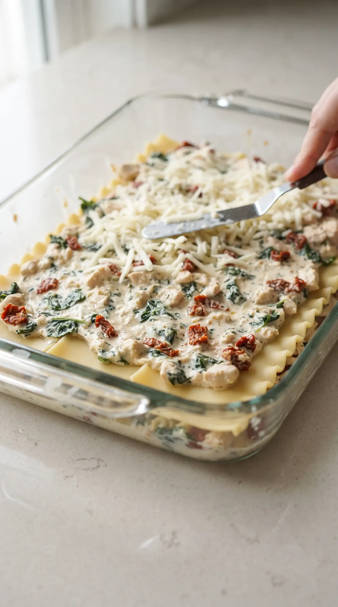 Chicken Caesar lasagna layers being assembled with noodles, sauce, spinach, tomatoes, and mozzarella