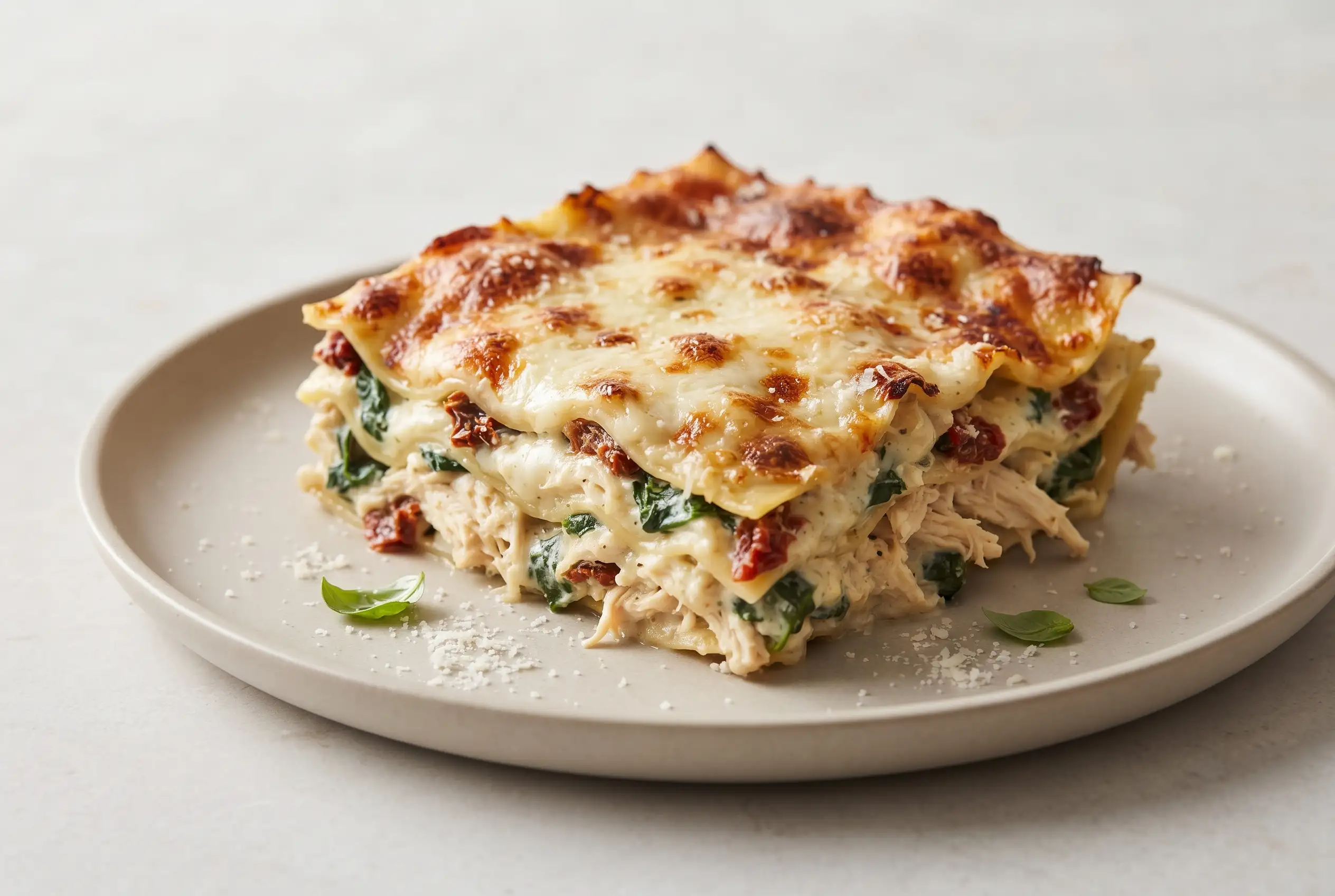 Chicken Caesar lasagna slice with creamy sauce, spinach, chicken, mozzarella, and sun-dried tomatoes