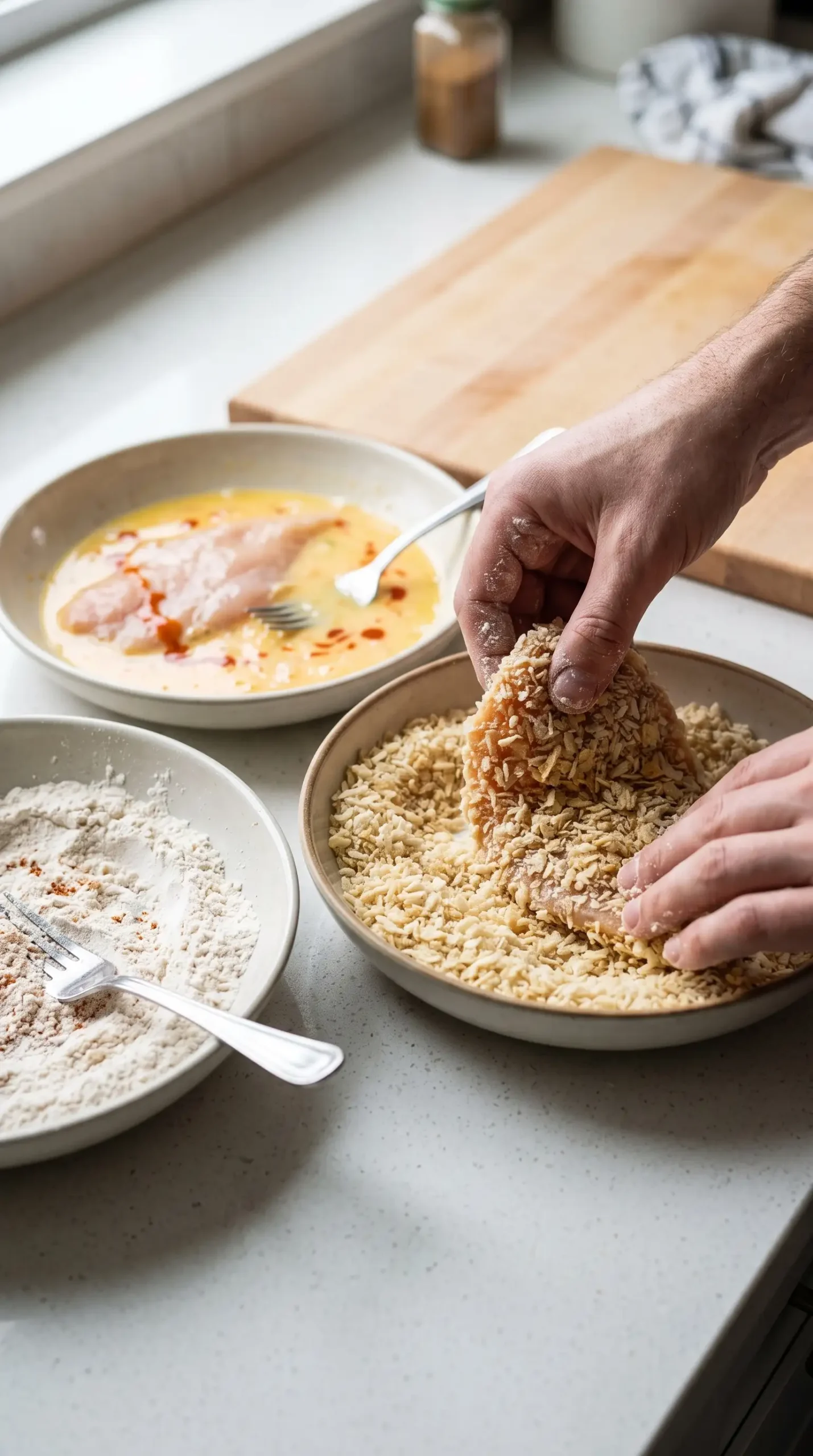 Chicken cutlet being coated with flour, egg wash, and panko breadcrumbs in a breading setup