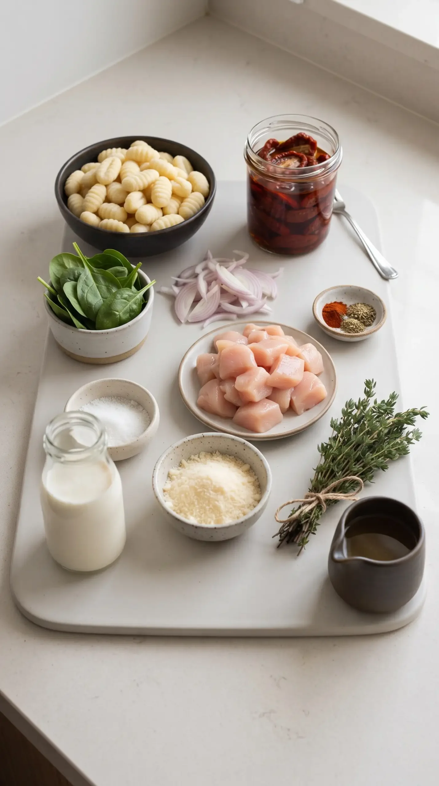Ingredients for creamy chicken gnocchi with gnocchi, chicken, spinach, tomatoes, Parmesan, and herbs