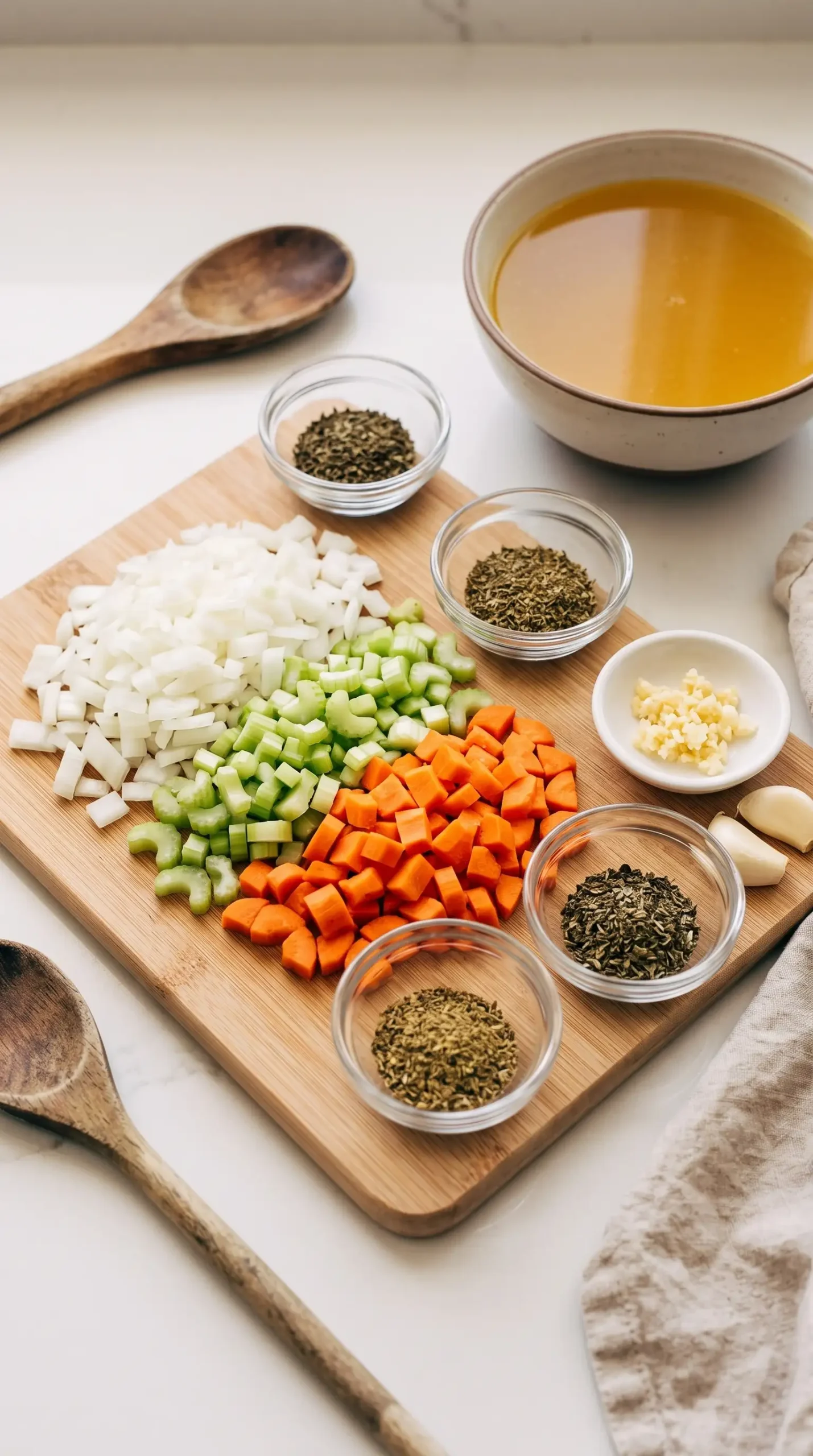 Mirepoix vegetables, seasonings, and chicken broth prepared for chicken gnocchi soup base