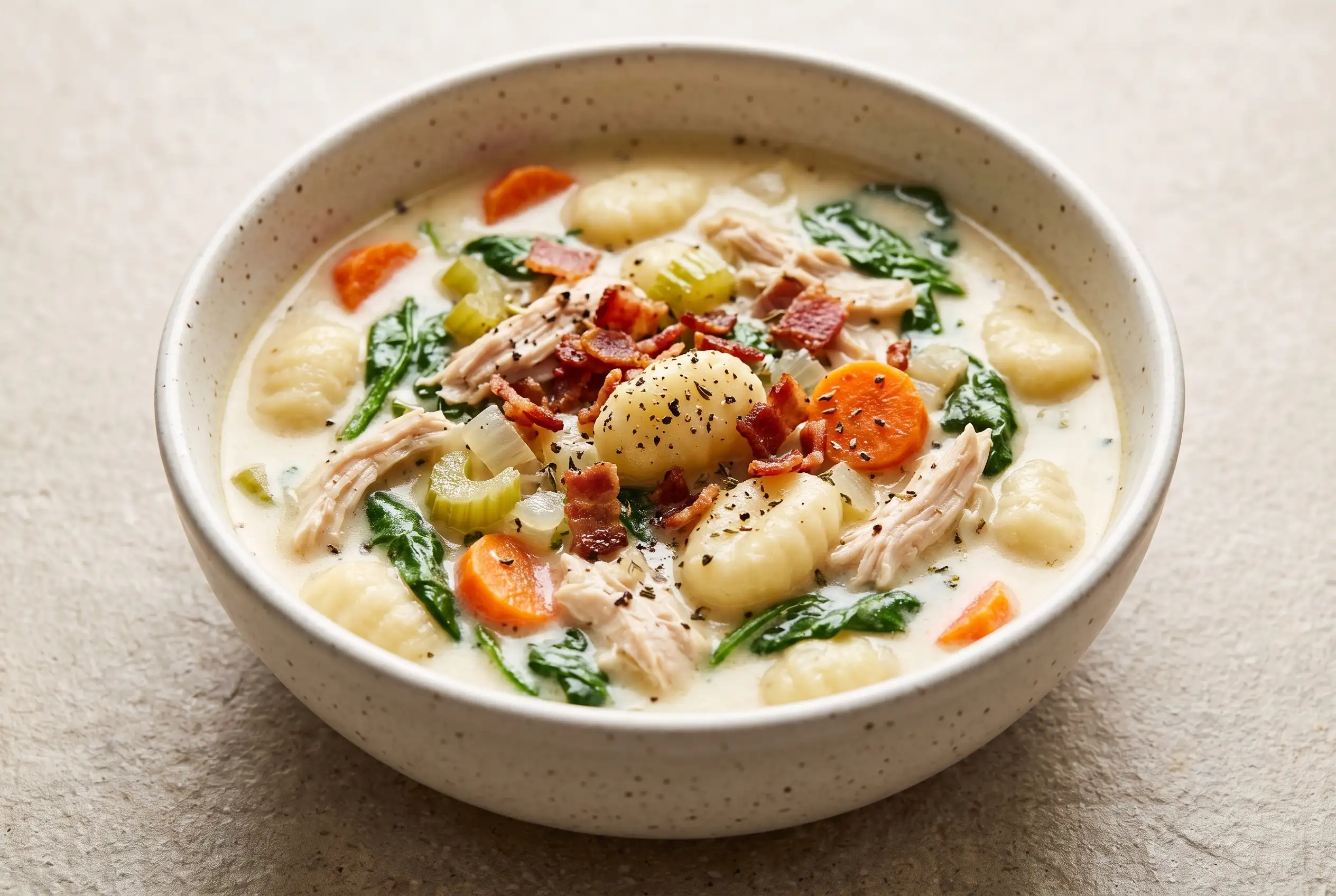 Chicken gnocchi soup with creamy broth, spinach, shredded chicken, gnocchi, carrots, and bacon