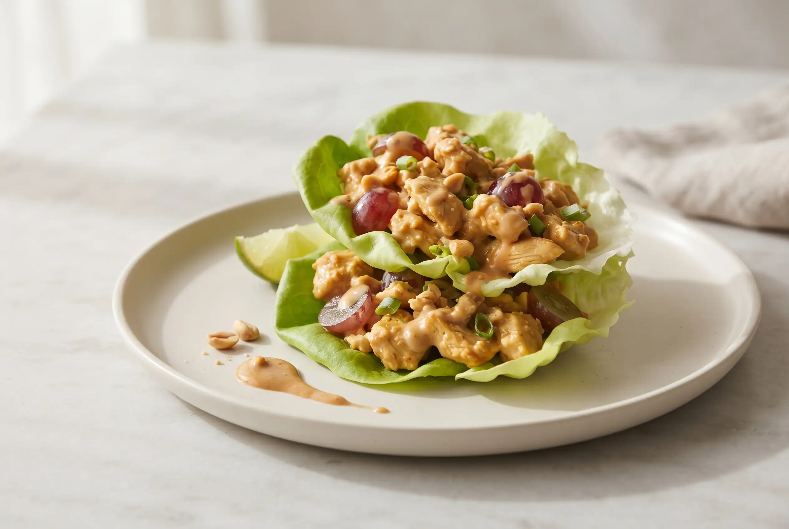 Chicken Lettuce Wraps with Miso Peanut Sauce Chicken lettuce wraps filled with creamy miso peanut chicken, grapes, and crisp butter lettuce cups