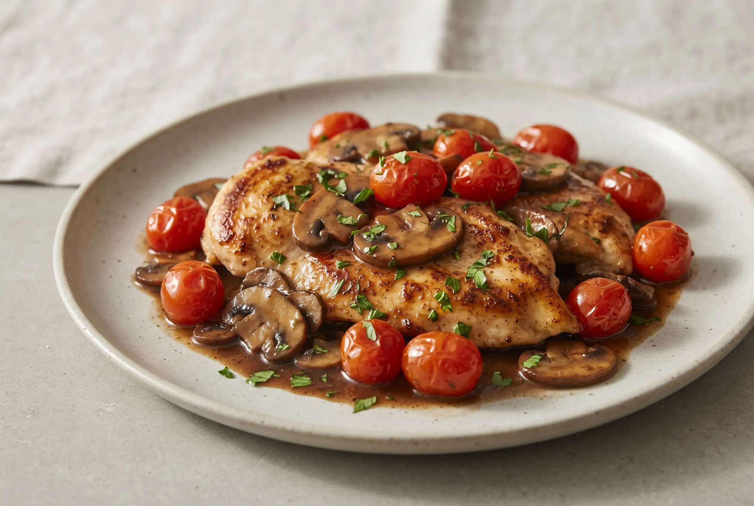 Chicken marsala with mushrooms, cherry tomatoes, parsley, and glossy Marsala wine sauce