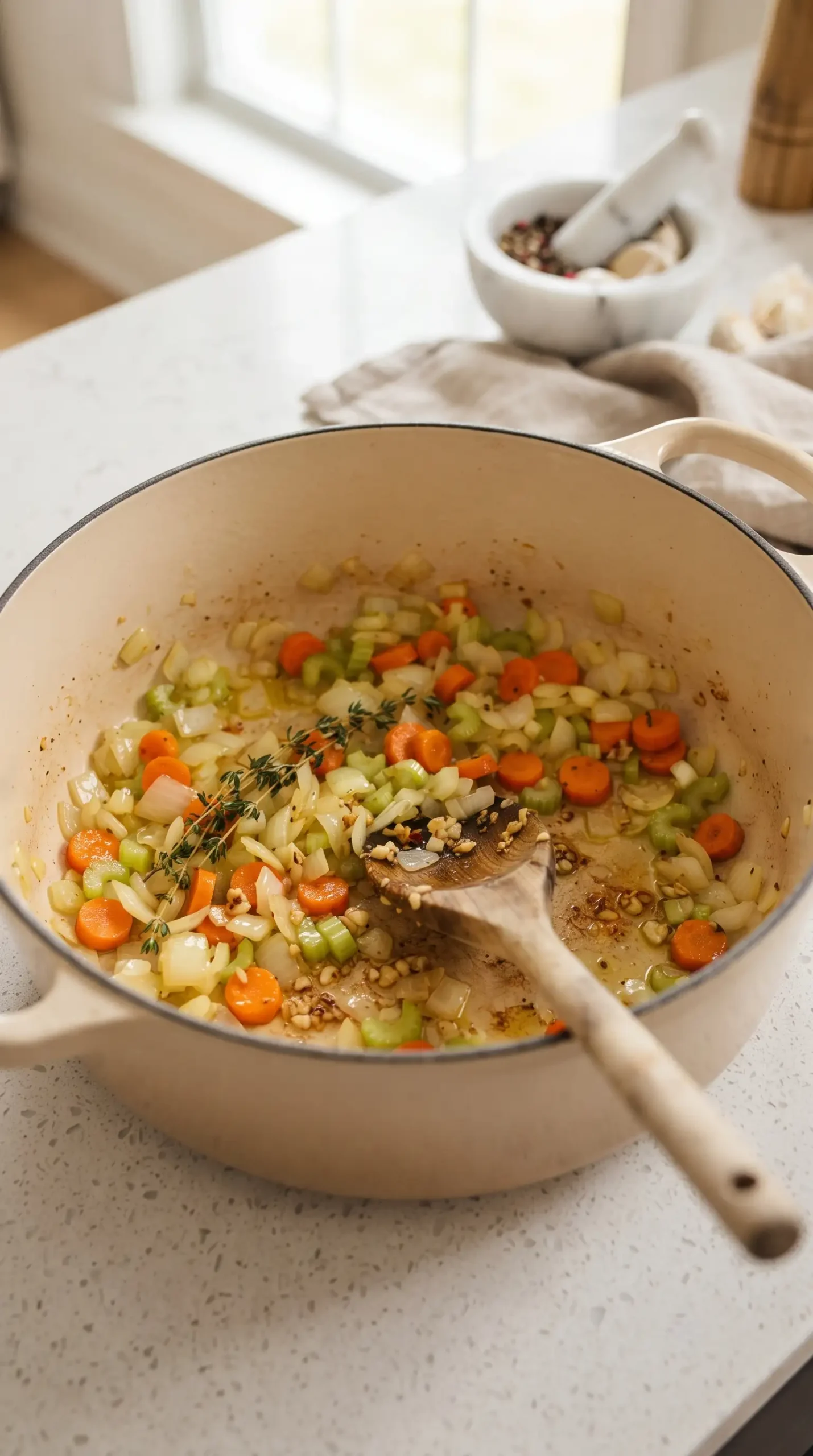 Vegetables and herbs cooking together as the base for creamy chicken noodle soup