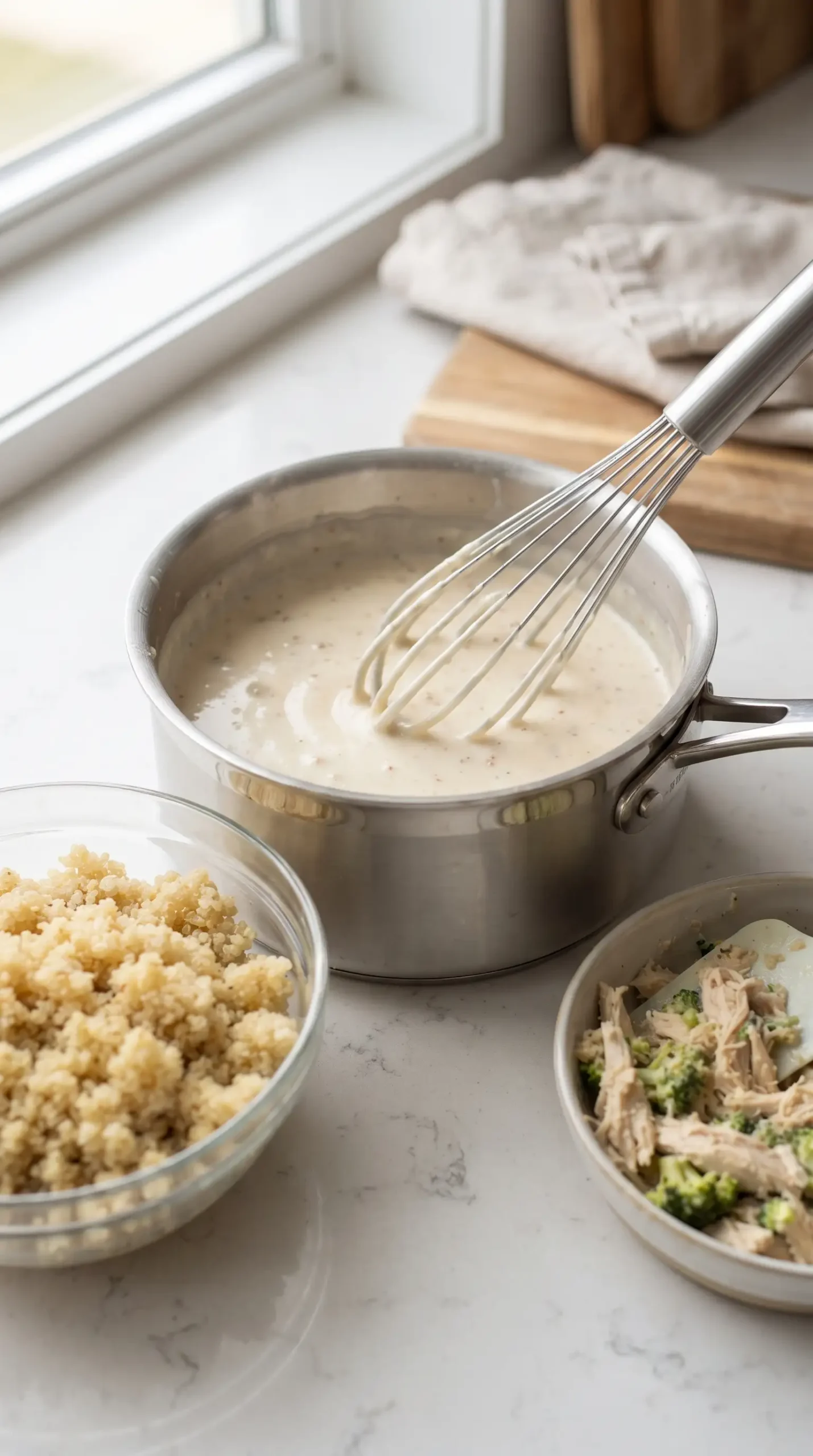 Creamy sauce for chicken quinoa casserole being whisked with broth, milk, flour, and seasoning.