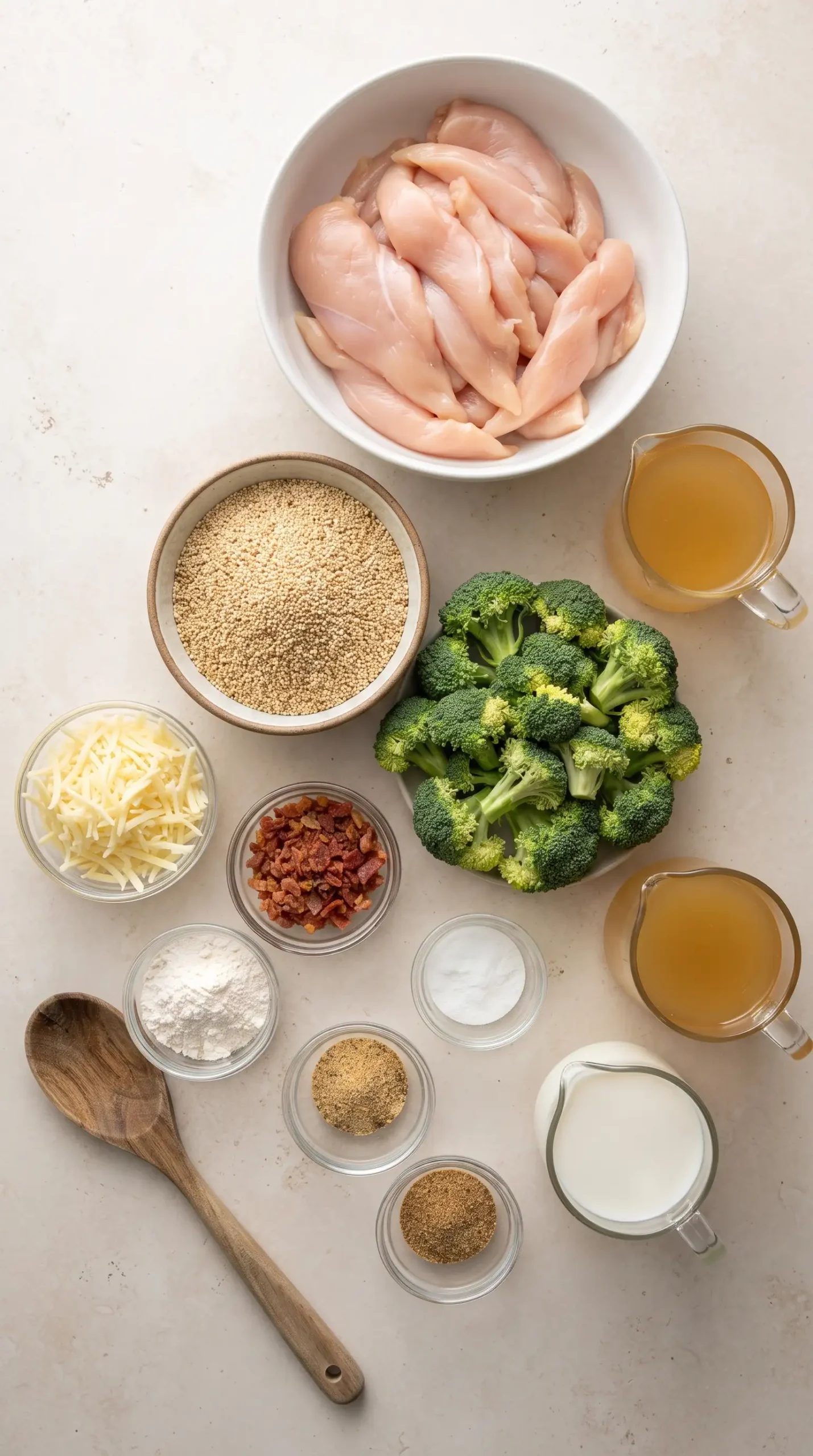 Ingredients for chicken quinoa casserole with chicken, quinoa, broccoli, broth, milk, and cheese.