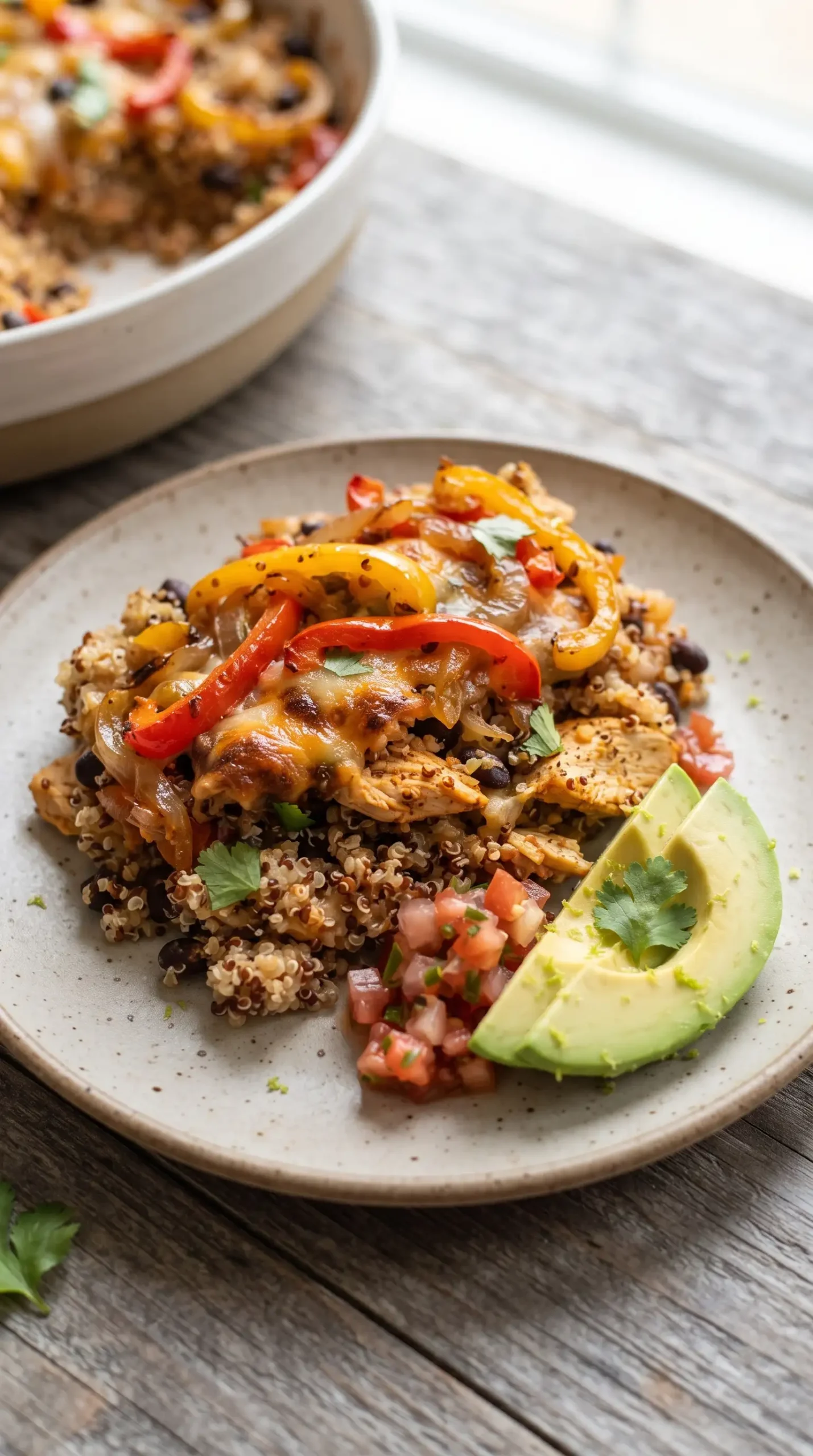 Serving of chicken quinoa casserole with black beans, cheese, peppers, and toppings